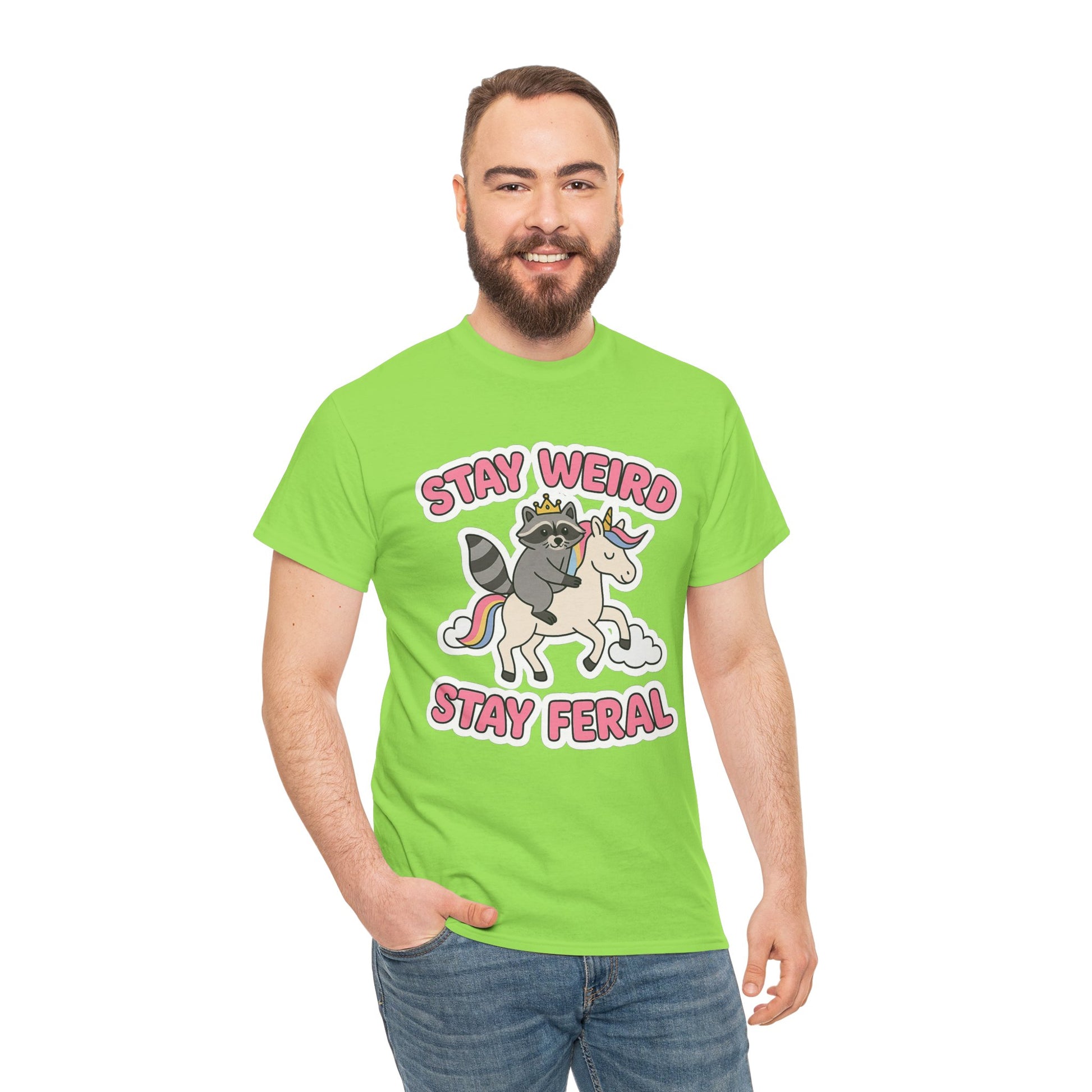 Stay Weird Stay Feral Shirt – Raccoon & Unicorn – High Visibility Gildan 5000 Tee