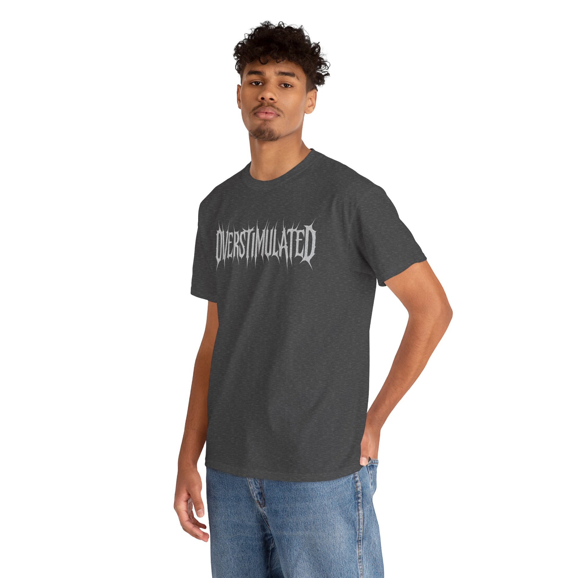 OVERSTIMULATED Metalcore Grunge Shirt – White on Black Distressed Font Tee