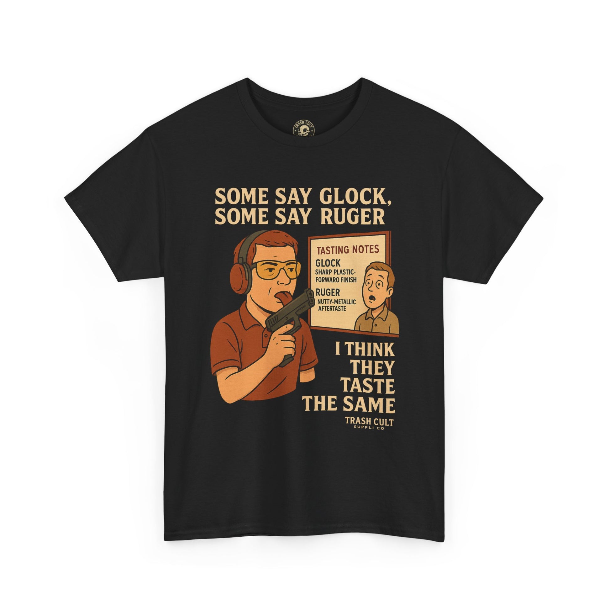 Glock vs Ruger Mouthfeel Shirt – Funny Gun Show Parody Tee | Dark Humor Firearm Tasting Notes Shirt