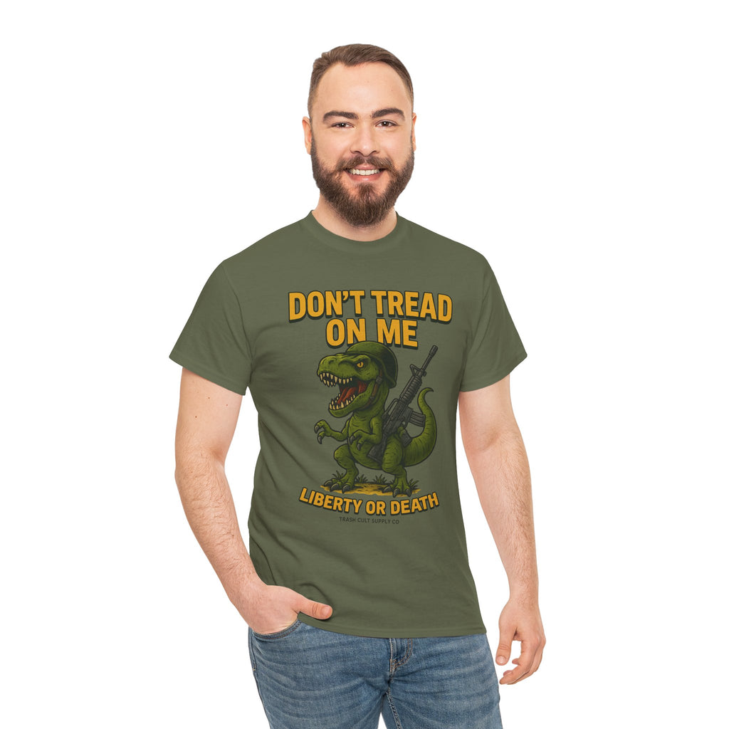 Don’t Tread On Me T-Rex T-Shirt – Liberty or Death Graphic | Trash Cult Supply Co. | Gildan 5000 Heavy Cotton