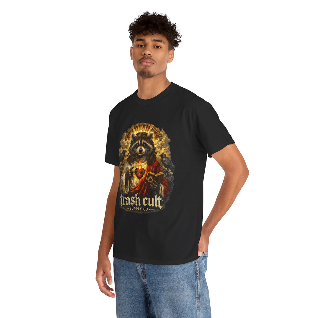 Raccoon Saint Graphic Tee — “Trash Cult” Vintage Devotional Design