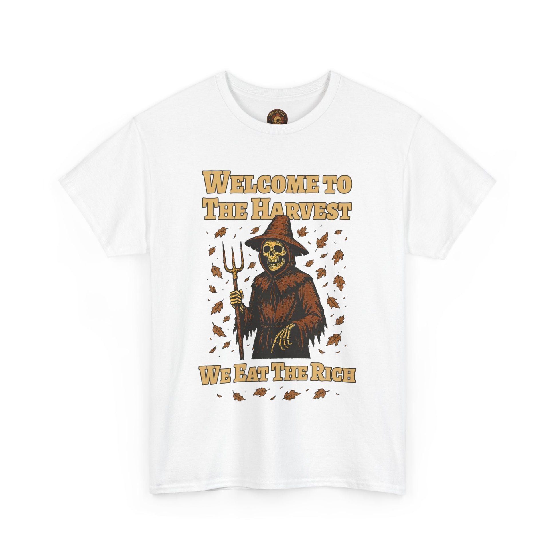Eat the Rich Shirt – Welcome to the Harvest Skeleton Scarecrow Tee – Fall of Humanity Collection – Trash Cult Supply Co.