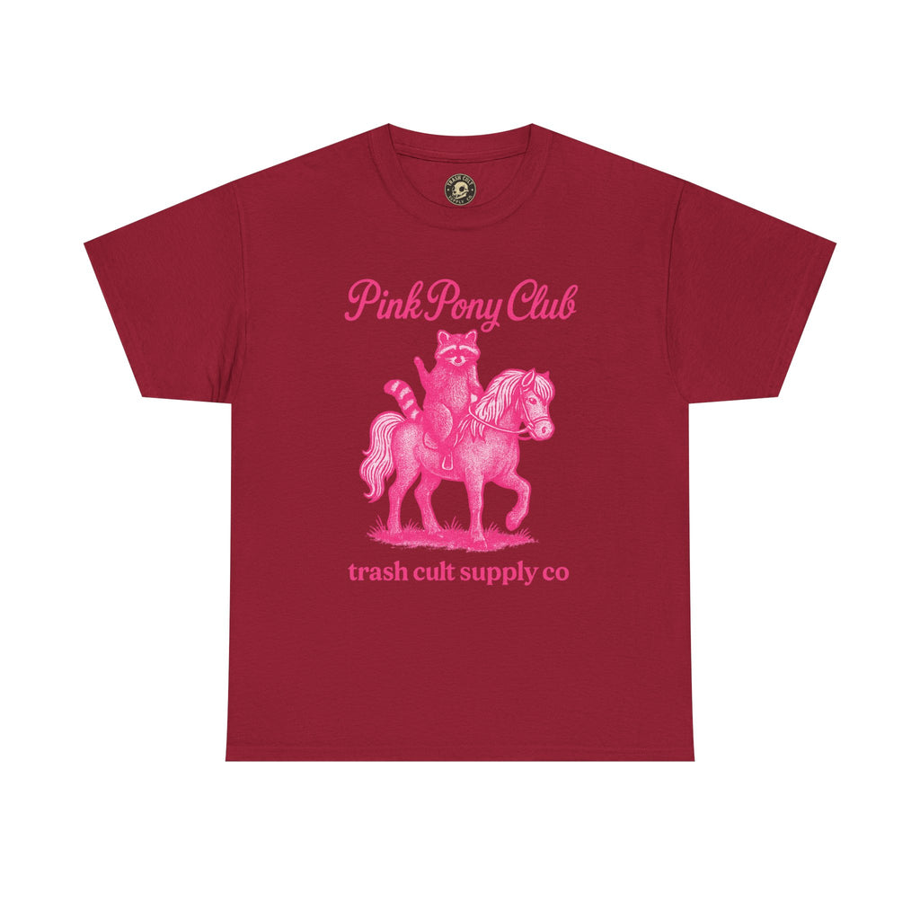 Pink Pony Club Raccoon Riding Pony Shirt – Vintage Hot Pink Halftone Tee by Trash Cult Supply Co