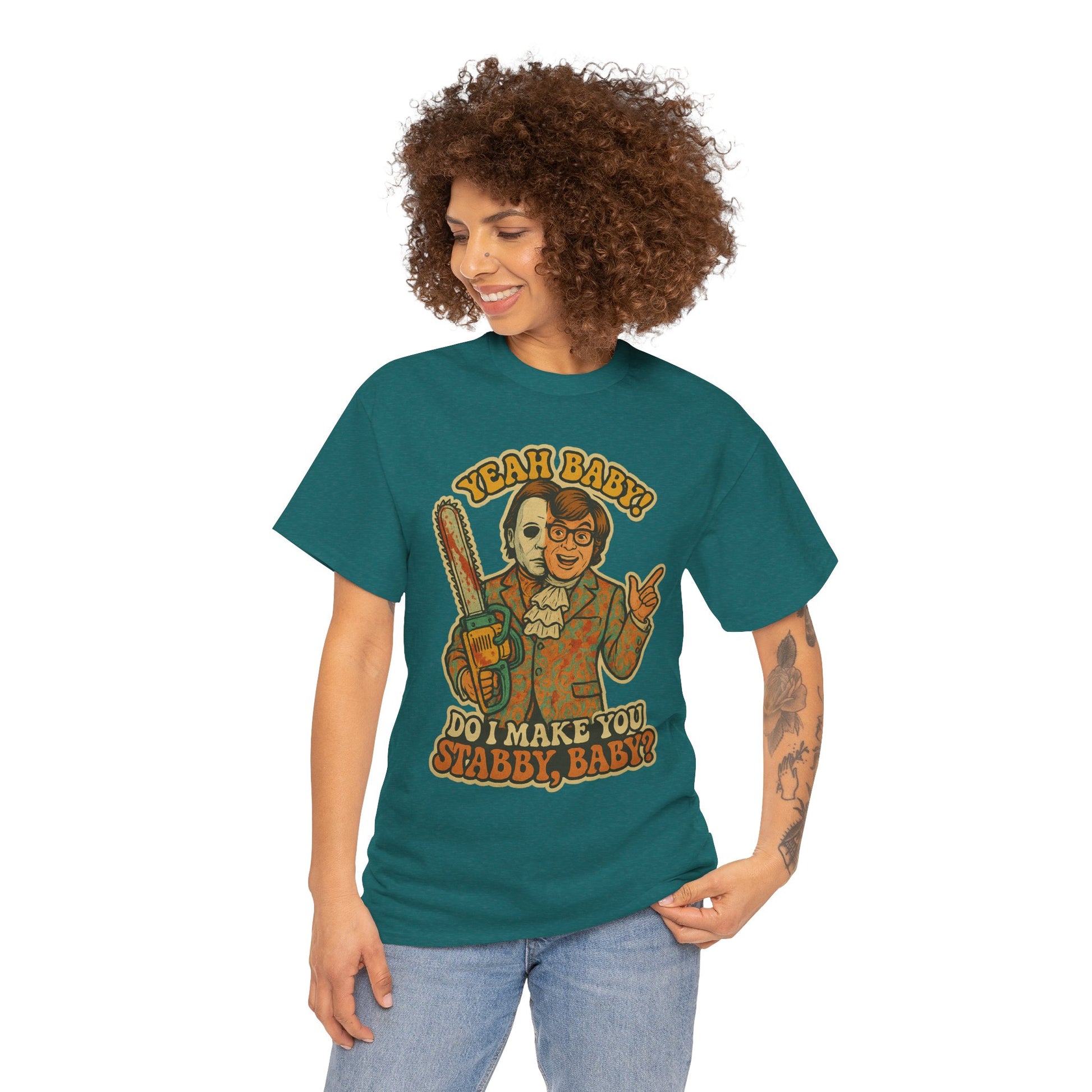 Mike Myers Parody Shirt – “Do I Make You Stabby, Baby?” Funny Horror Mashup Tee – Gildan 5000 Unisex