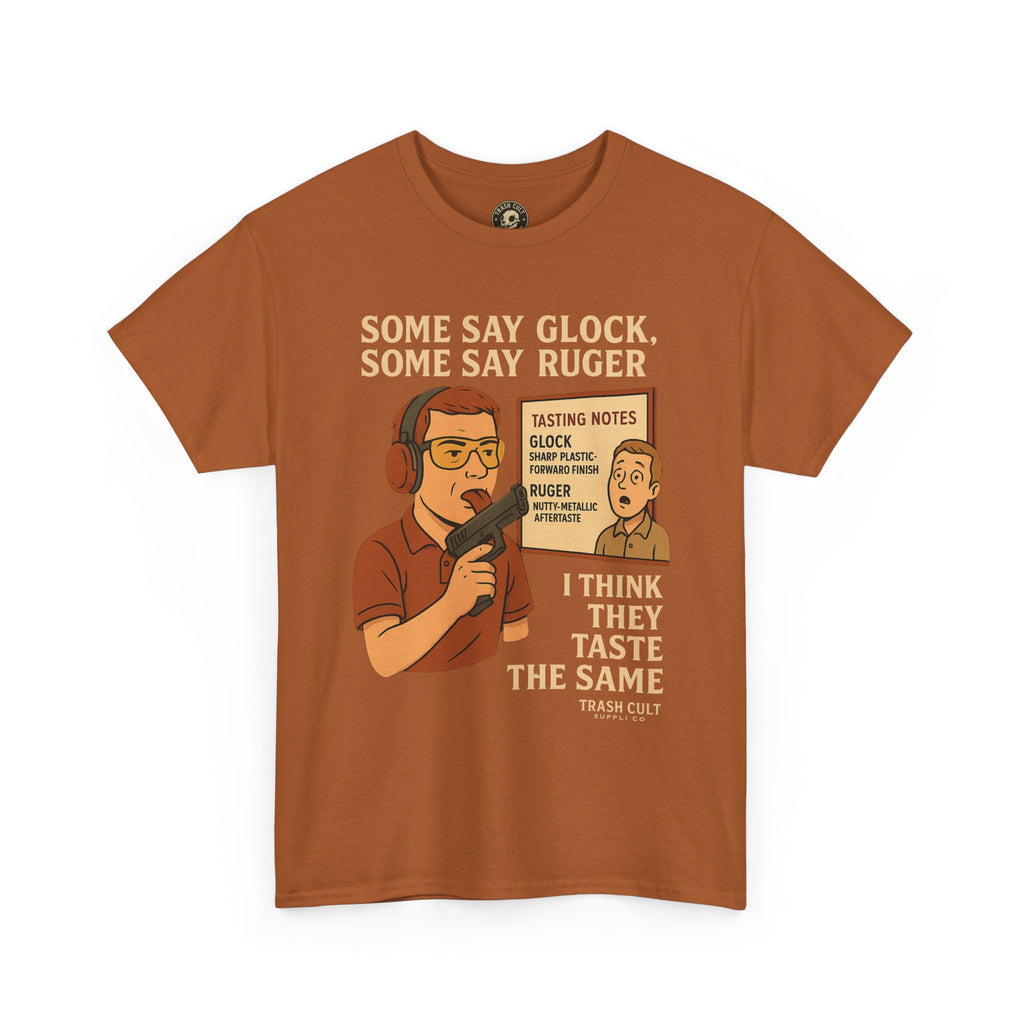 Glock vs Ruger Mouthfeel Shirt – Funny Gun Show Parody Tee | Dark Humor Firearm Tasting Notes Shirt