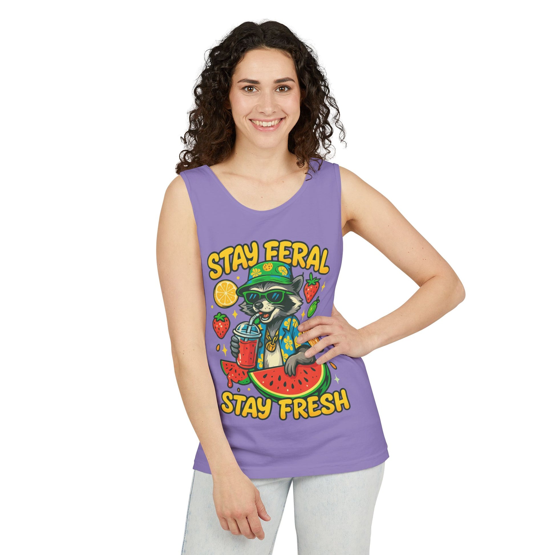 Stay Feral Stay Fresh Tank Top, Summer Apparel, Unisex Graphic Tee, Beachwear, Fun Gift for Animal Lovers