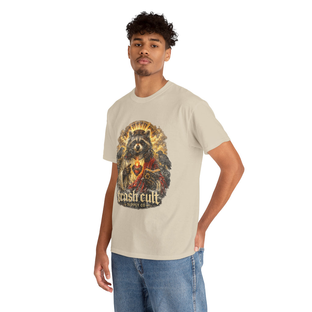 Raccoon Saint Graphic Tee — “Trash Cult” Vintage Devotional Design