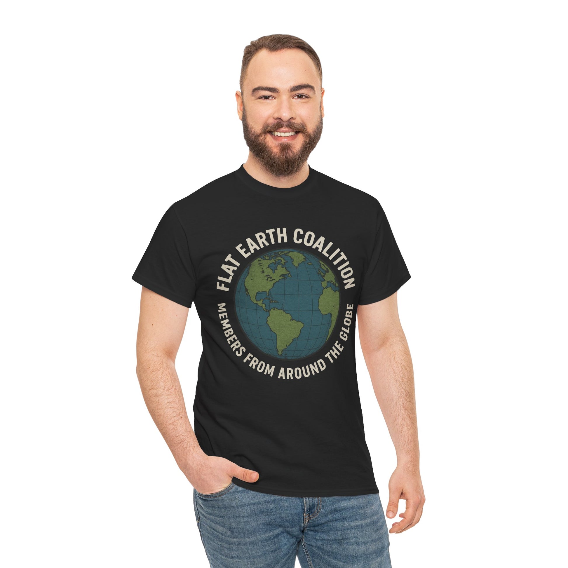 Flat Earth Coalition Funny Globe Parody Shirt – “Members From Around the Globe” Tee – Satirical Conspiracy Theory Humor Tee