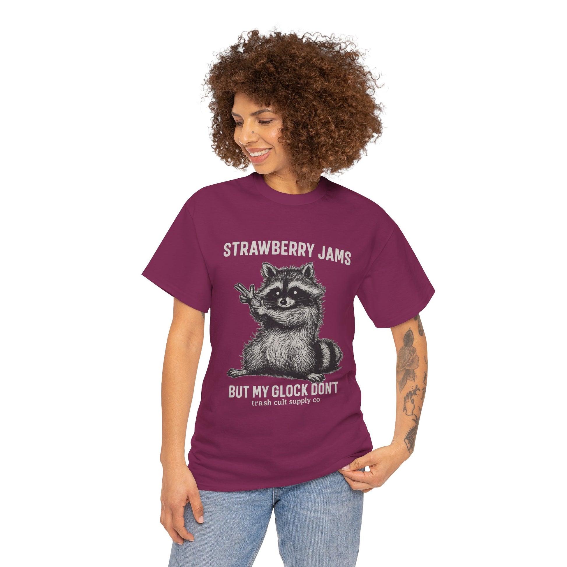 Strawberry Jams But My Glock Don’t Raccoon Shirt – Trash Cult Supply Co. Gildan 5000 Tee