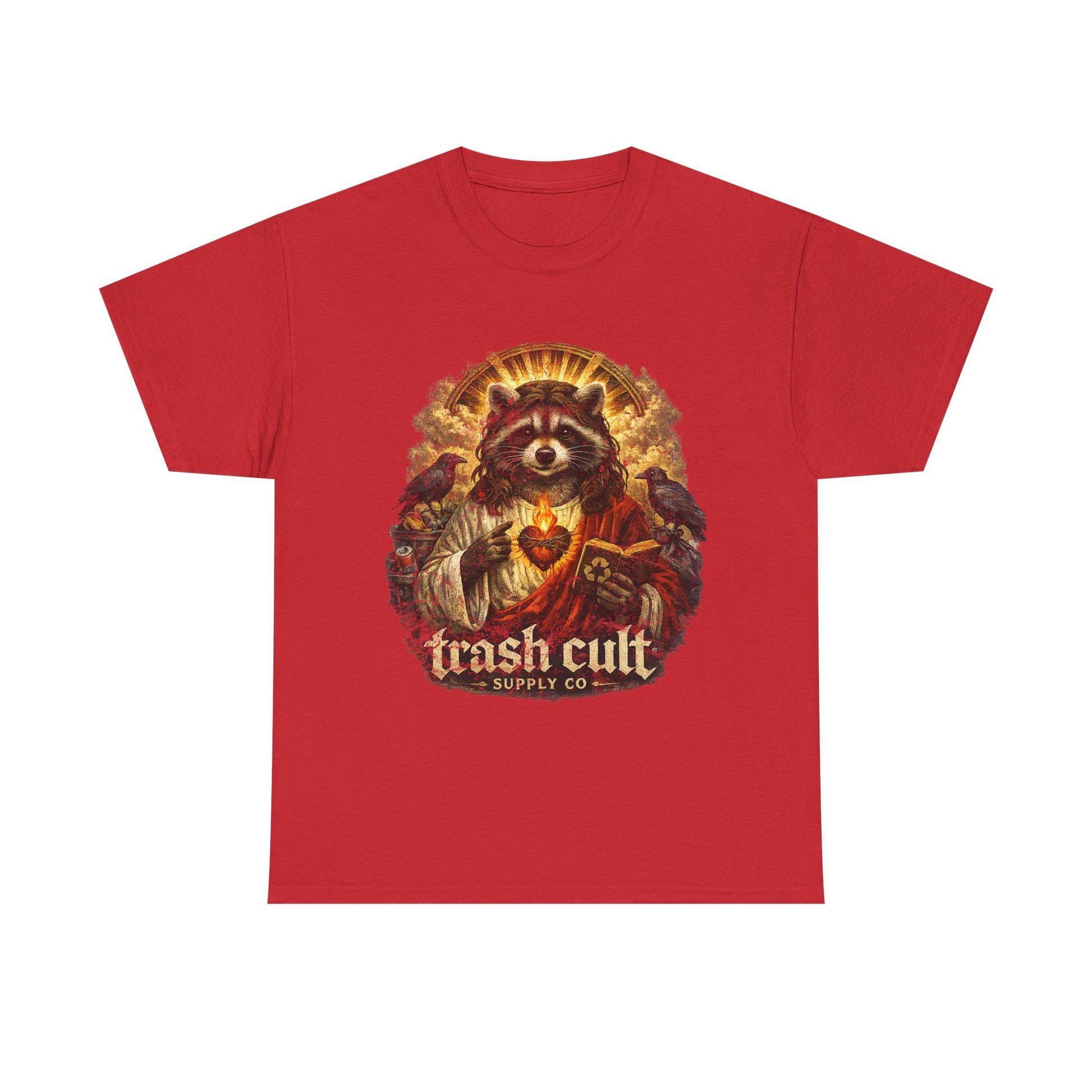 Raccoon Saint Graphic Tee — “Trash Cult” Vintage Devotional Design