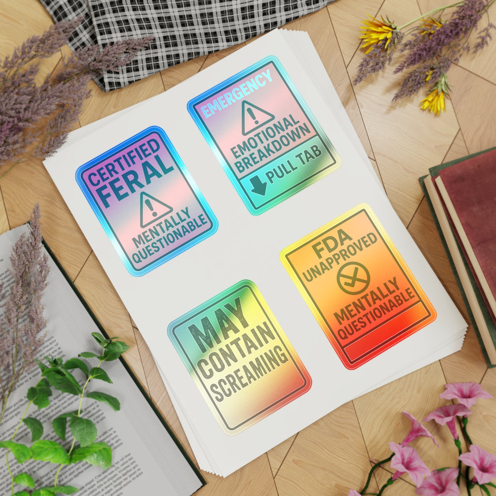 Feral Sticker Sheet Bundle – 10 Bold Mental Health & Chaos-Themed Stickers | Transparent, White & Holographic Vinyl