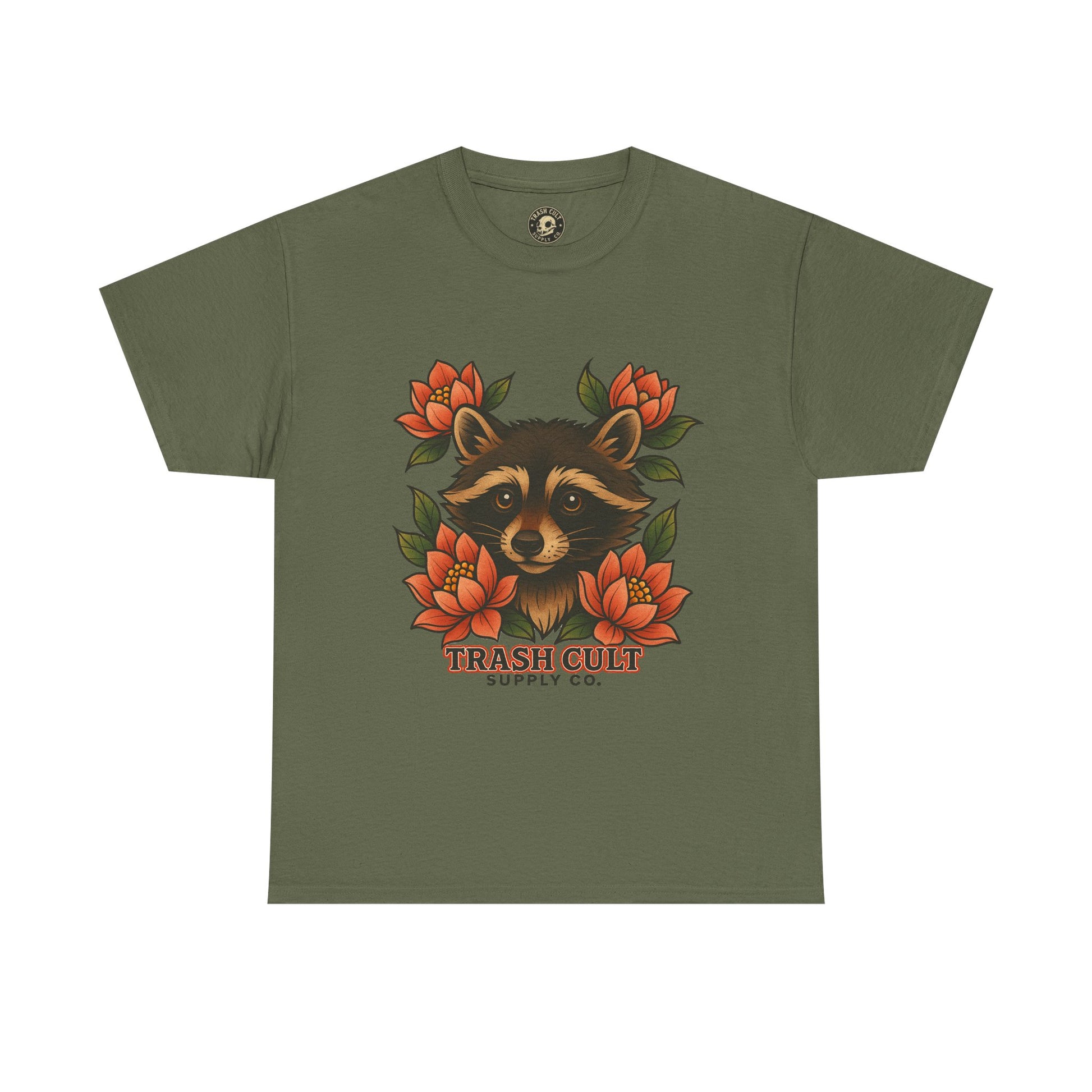 Neo-Traditional Raccoon & Lotus Tattoo Shirt – Trash Cult Supply Co. – Gildan 5000