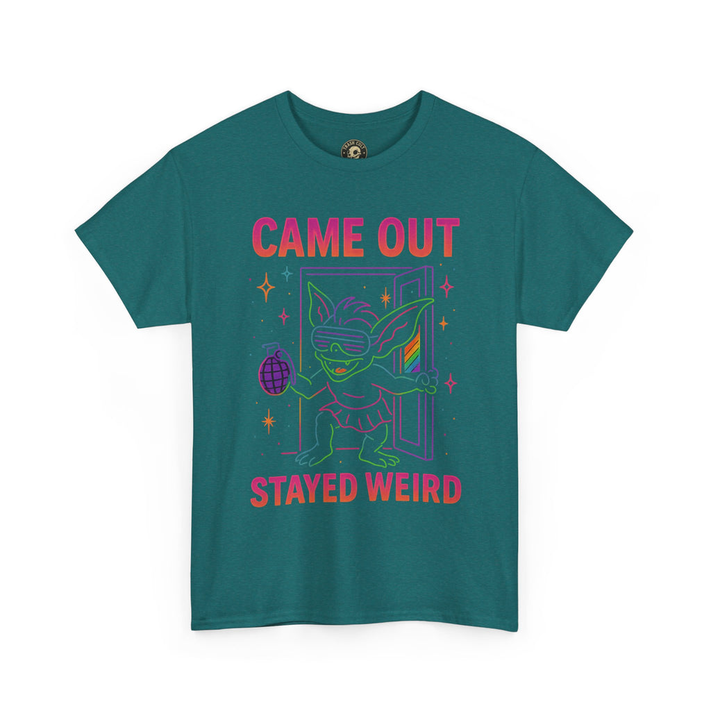 Came Out, Stayed Weird – Neon Gremlin Pride T-Shirt | Gildan Unisex Heavy Cotton Tee | LGBTQ+ Graphic Shirt