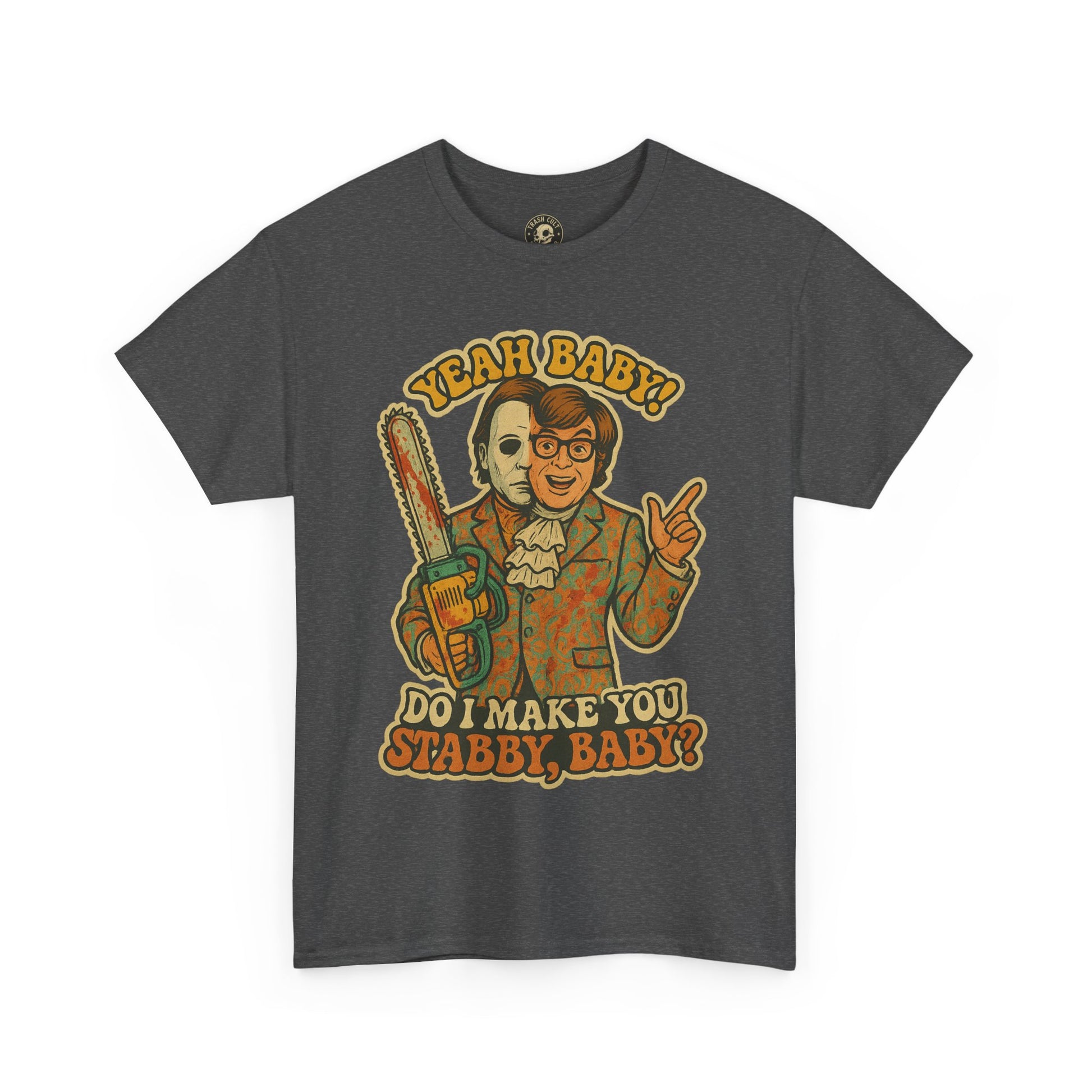 Mike Myers Parody Shirt – “Do I Make You Stabby, Baby?” Funny Horror Mashup Tee – Gildan 5000 Unisex