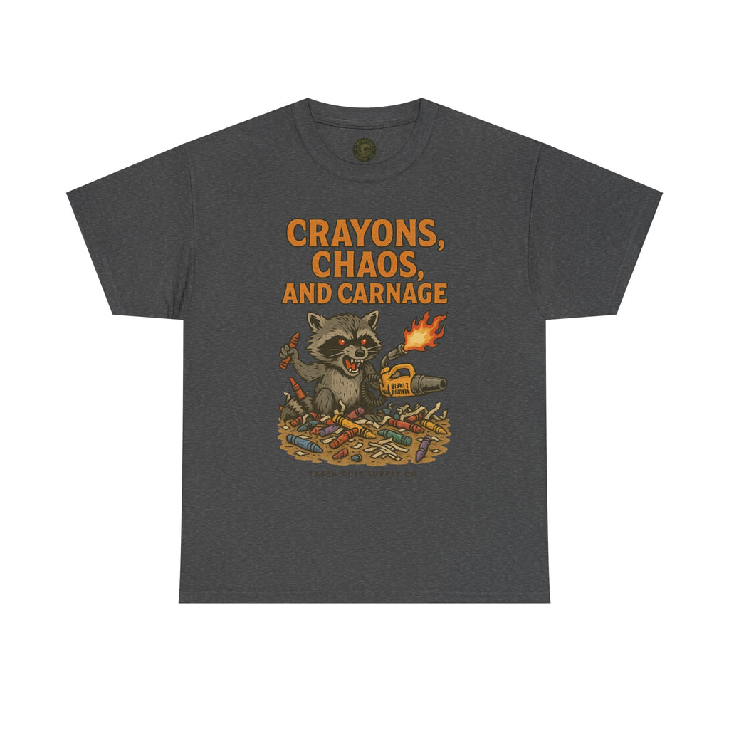 Crayons, Chaos, and Carnage T-Shirt – Dark Humor Raccoon Graphic | Trash Cult Supply Co. | Gildan 5000 Tee