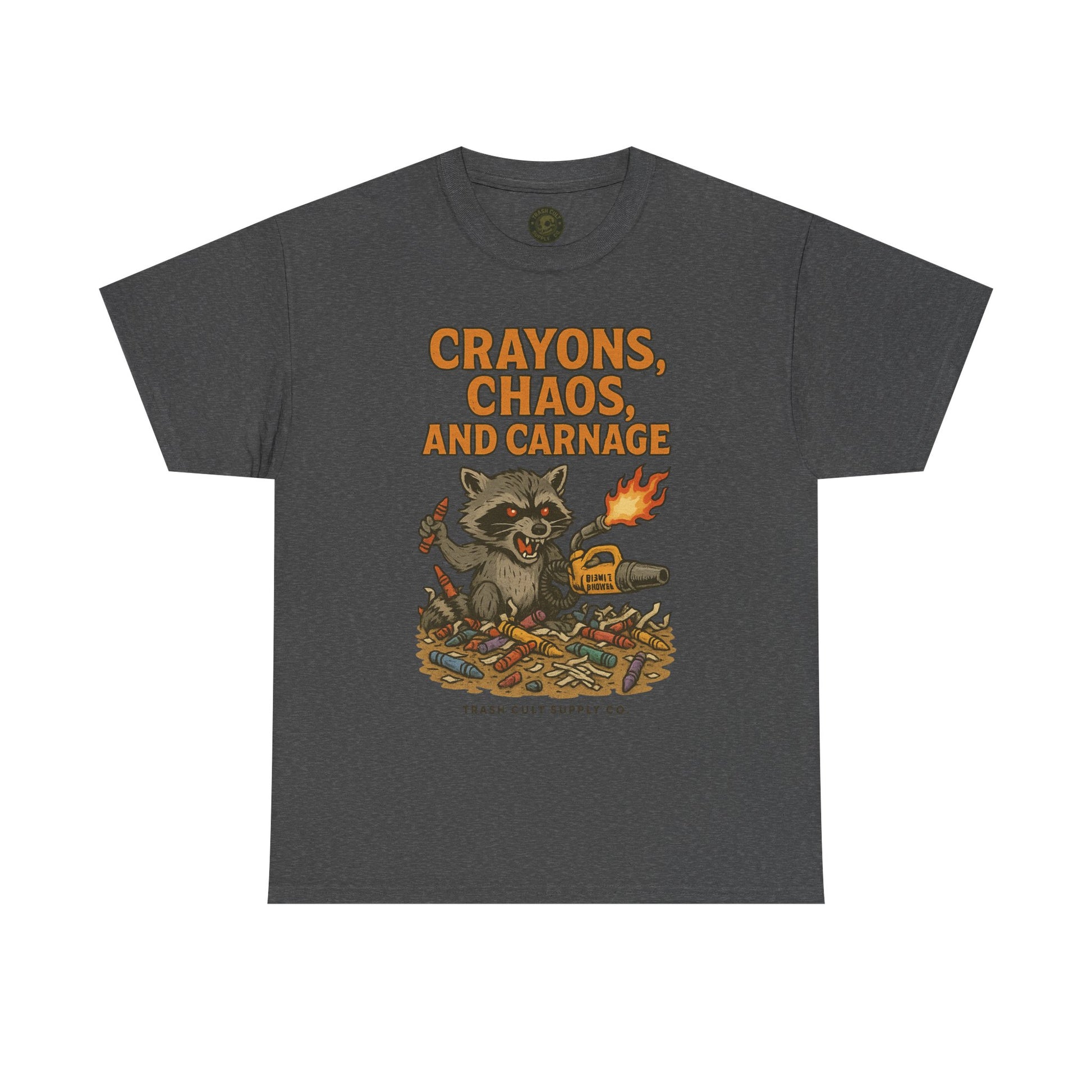 Crayons, Chaos, and Carnage T-Shirt – Dark Humor Raccoon Graphic | Trash Cult Supply Co. | Gildan 5000 Tee