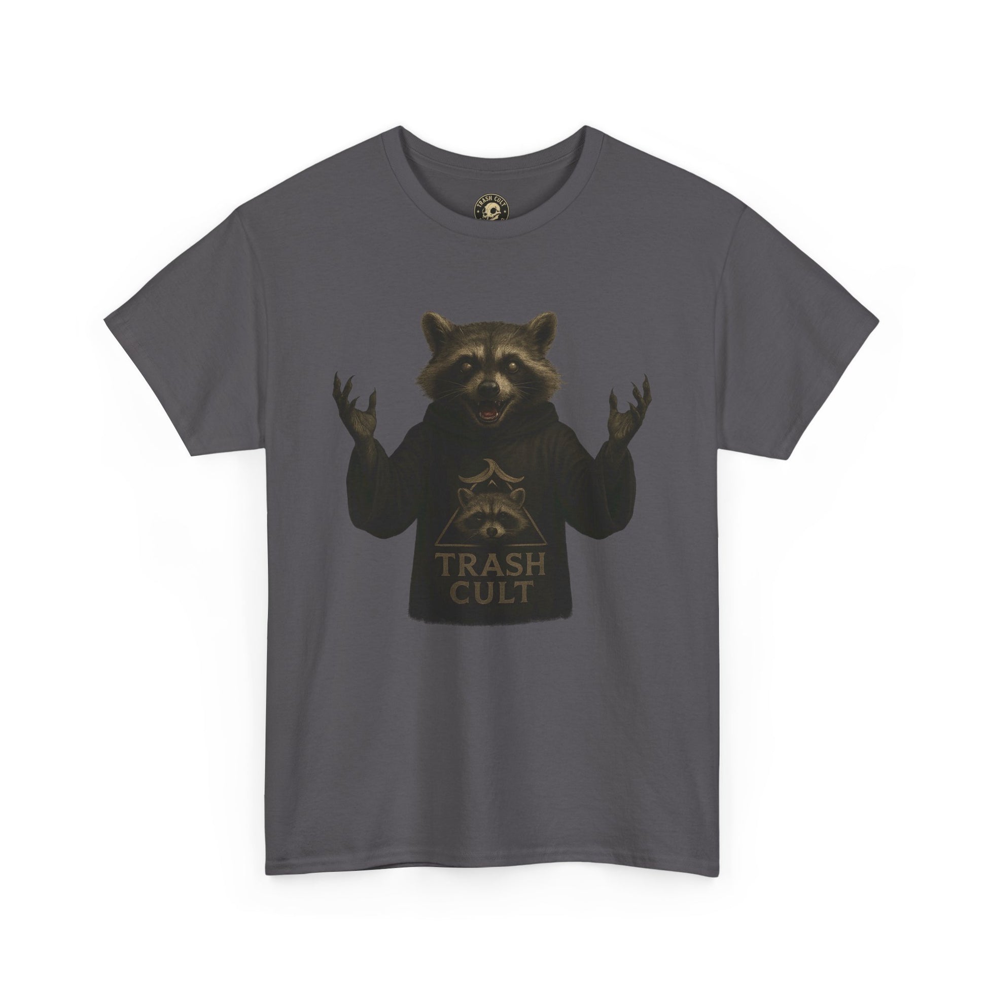 Raccoon Cult Leader Shirt – Trash Cult Unhinged Mascot Tee for Dark Fabrics | Gildan 5000