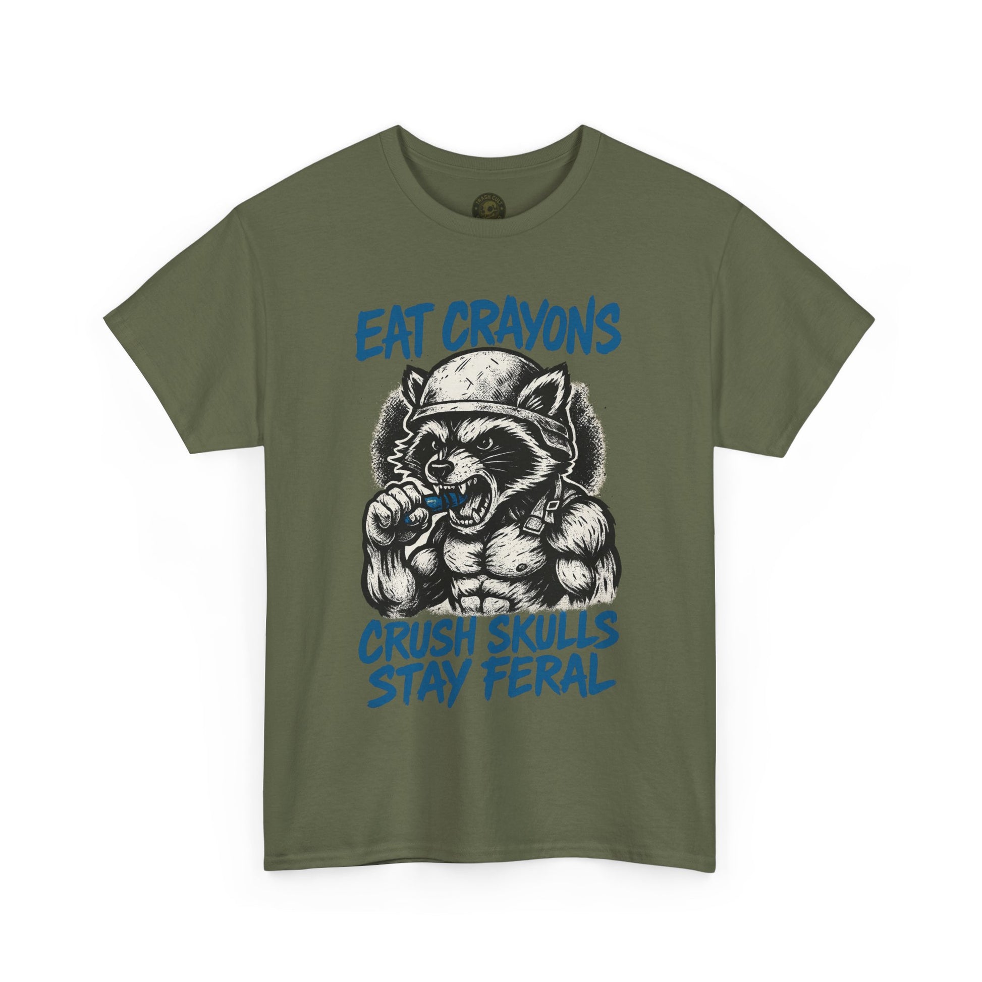Eat Crayons Crush Skulls Stay Feral Military Raccoon Shirt – Gildan 5000