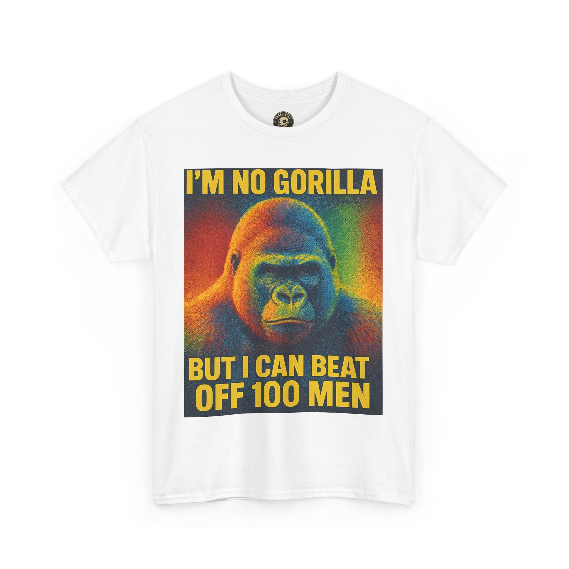I’m No Gorilla But I Can Beat Off 100 Men Shirt – Multicolor Halftone Gorilla Tee on Gildan 5000
