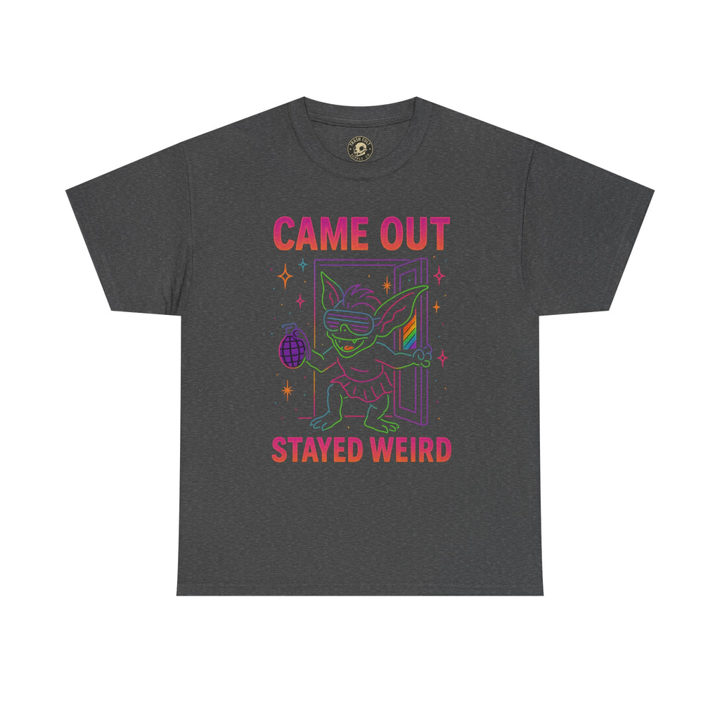 Came Out, Stayed Weird – Neon Gremlin Pride T-Shirt | Gildan Unisex Heavy Cotton Tee | LGBTQ+ Graphic Shirt