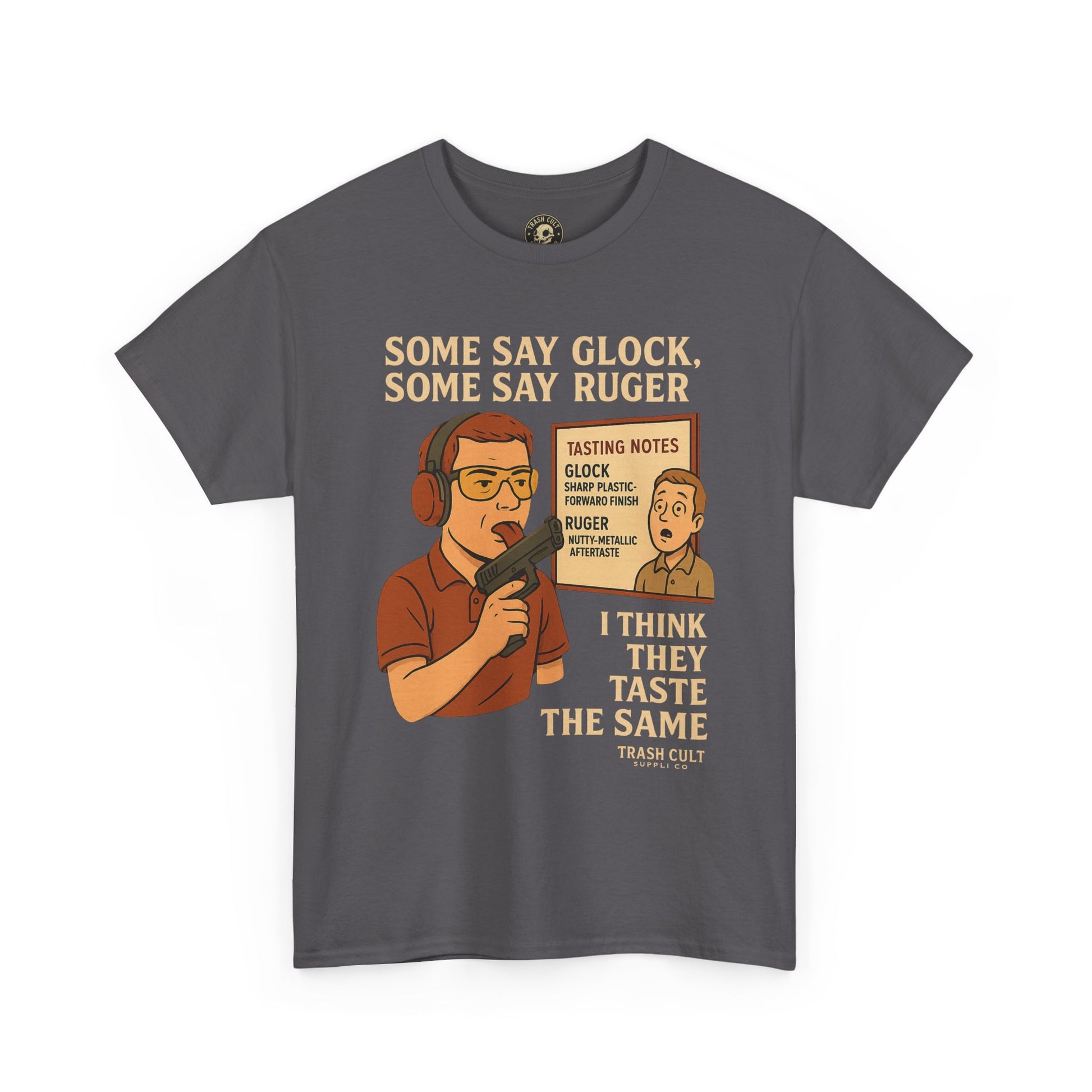 Glock vs Ruger Mouthfeel Shirt – Funny Gun Show Parody Tee | Dark Humor Firearm Tasting Notes Shirt