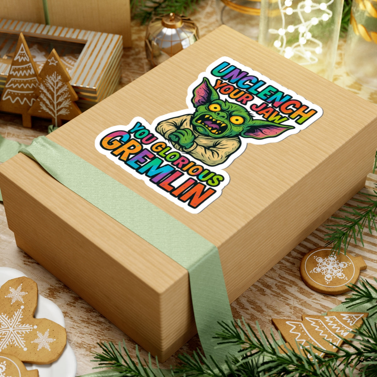 Unclench Your Jaw Gremlin Sticker – Funny Mental Health Reminder for the Chronically Feral