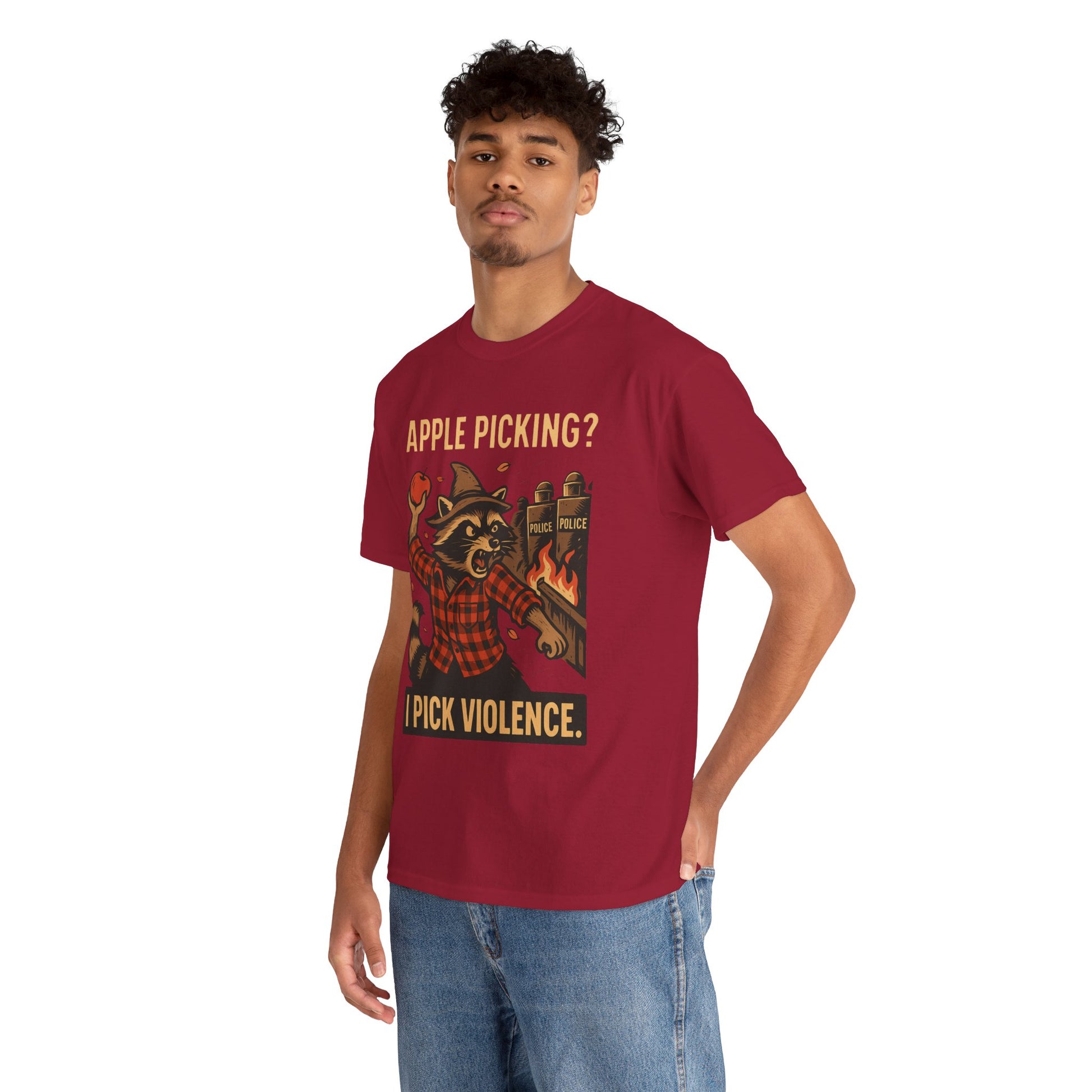 Apple Picking? I Pick Violence Shirt – Angry Raccoon Riot Tee – Fall of Humanity Collection – Trash Cult Supply Co.
