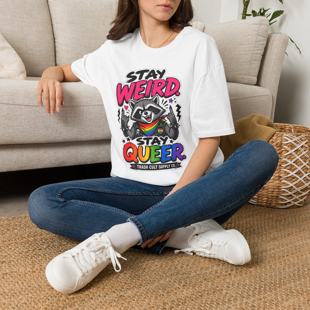 T-Shirt — "Stay Weird" Pride Raccoon Tee (Stay Queer)