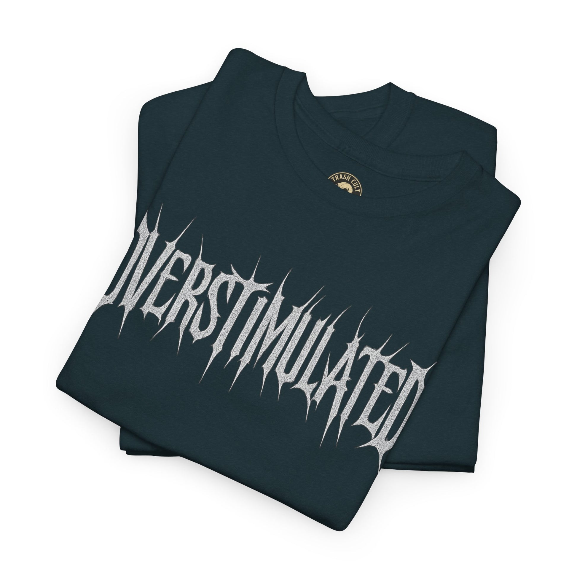 OVERSTIMULATED Metalcore Grunge Shirt – White on Black Distressed Font Tee