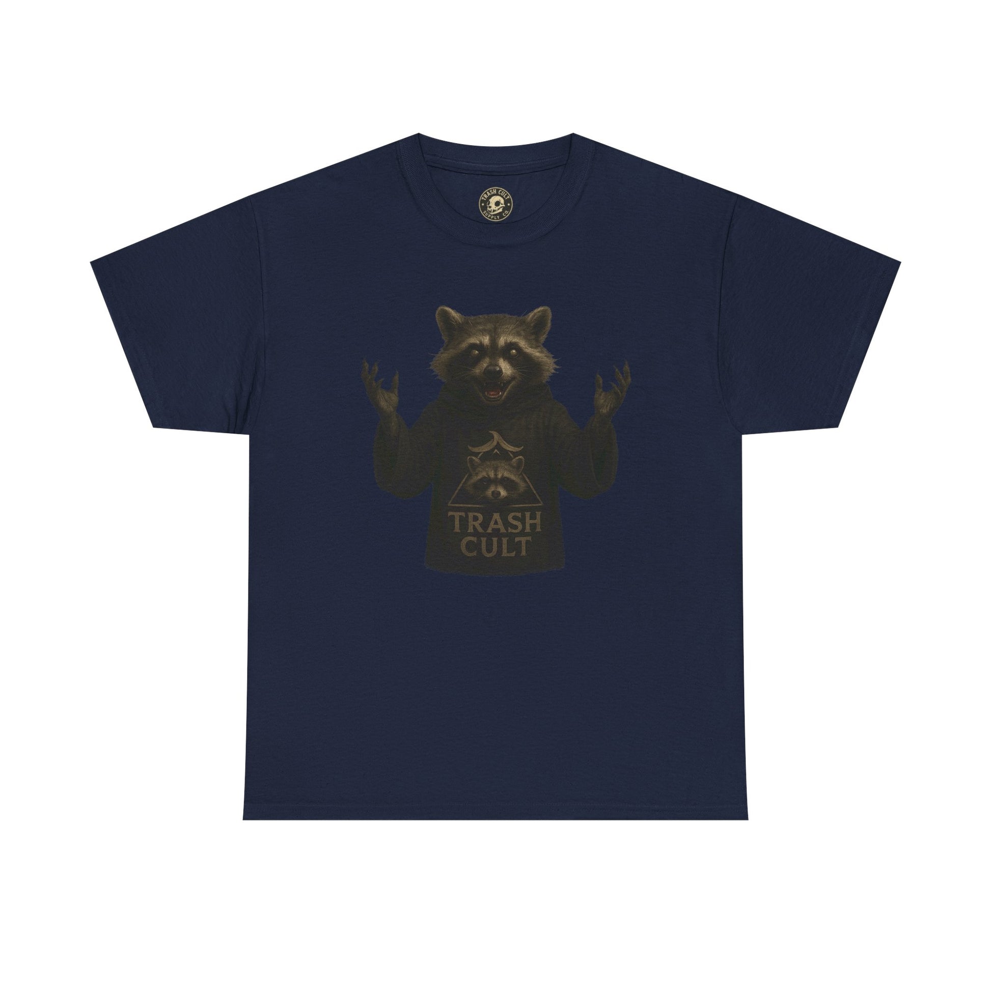 Raccoon Cult Leader Shirt – Trash Cult Unhinged Mascot Tee for Dark Fabrics | Gildan 5000