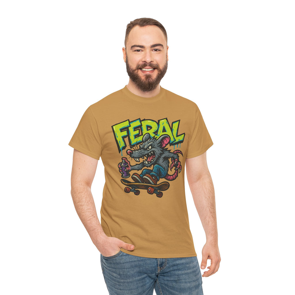 FERAL Graffiti Rat Skate Tee – Street Art Spray Can Mouse on Skateboard | Gildan 5000 Heavy Cotton Shirt
