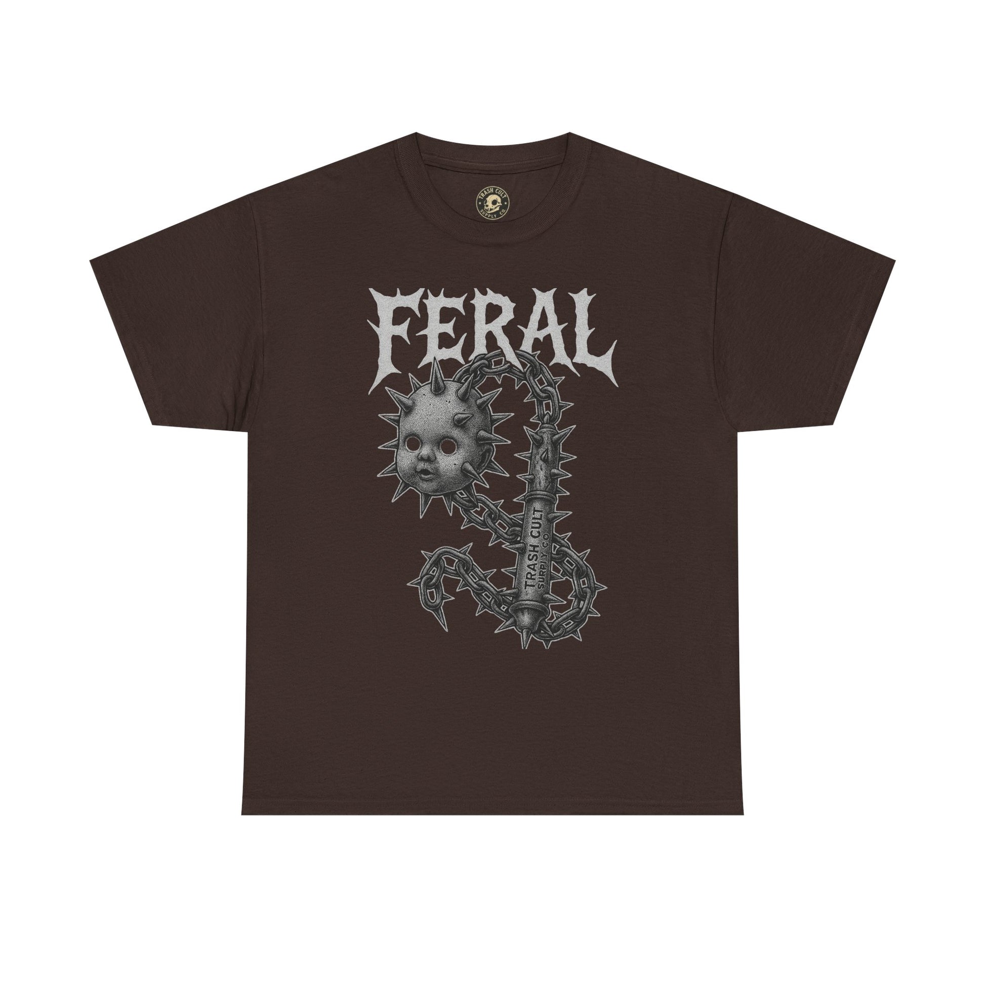 FERAL Spiked Doll Flail Tee – Halftone Gothic Weapon Shirt | Trash Cult Supply Co. | Gildan 5000