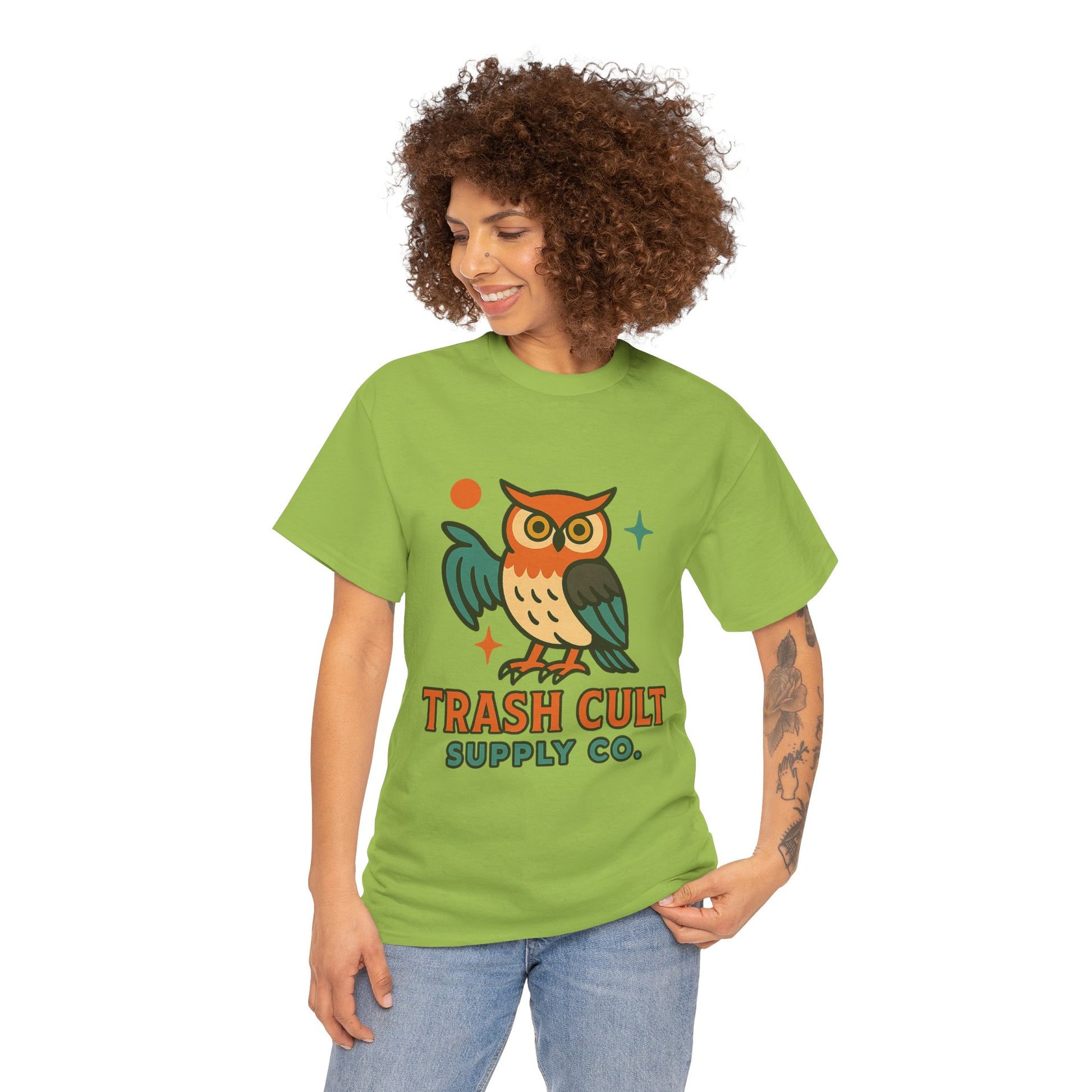 Vintage Owl Graphic Tee, Unisex Heavy Cotton Tee, Trash Cult Shirt, Nature Lover Gift, Eco-Friendly Apparel