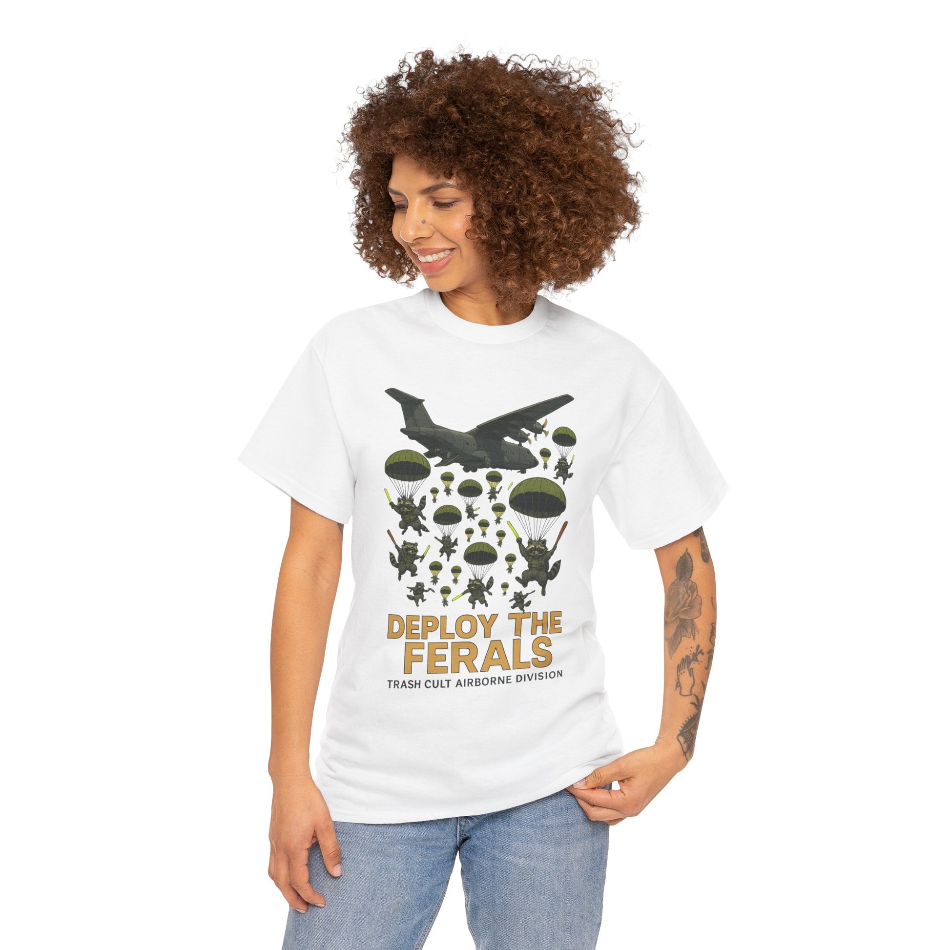 Deploy the Ferals T-Shirt – Airborne Raccoon Drop Graphic | Trash Cult Supply Co. | Gildan 5000 Heavy Cotton Tee