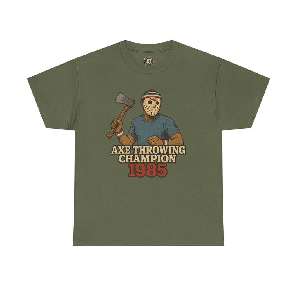 Jason Voorhees Axe Throwing Champion 1985 T-Shirt – Retro Slasher Workout Parody | Gildan 5000 Tee