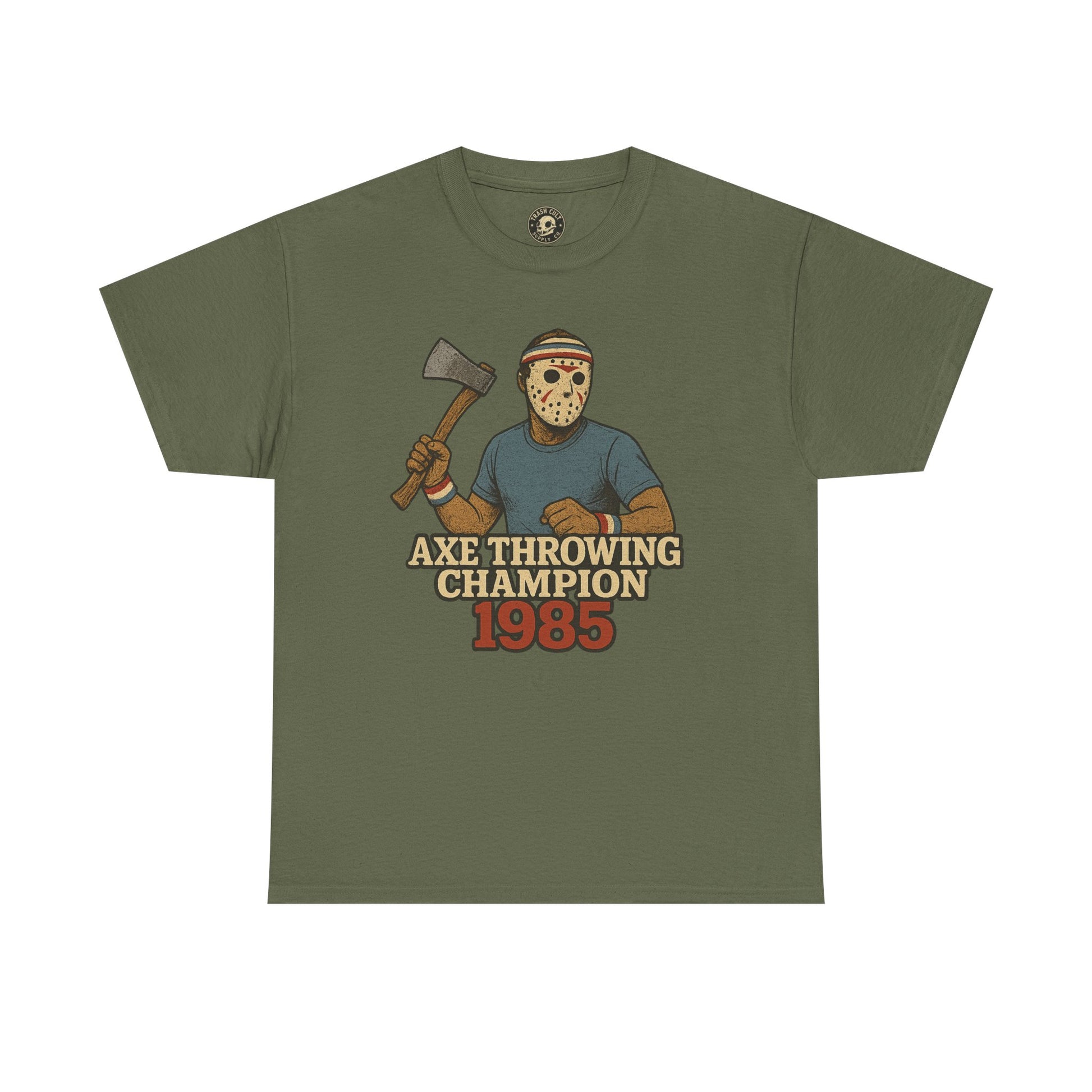 Jason Voorhees Axe Throwing Champion 1985 T-Shirt – Retro Slasher Workout Parody | Gildan 5000 Tee