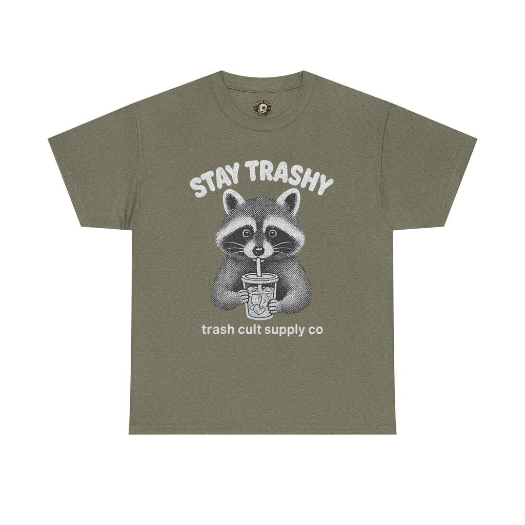 Stay Trashy Raccoon Iced Coffee Shirt – Halftone All White Design | Trash Cult Supply Co.