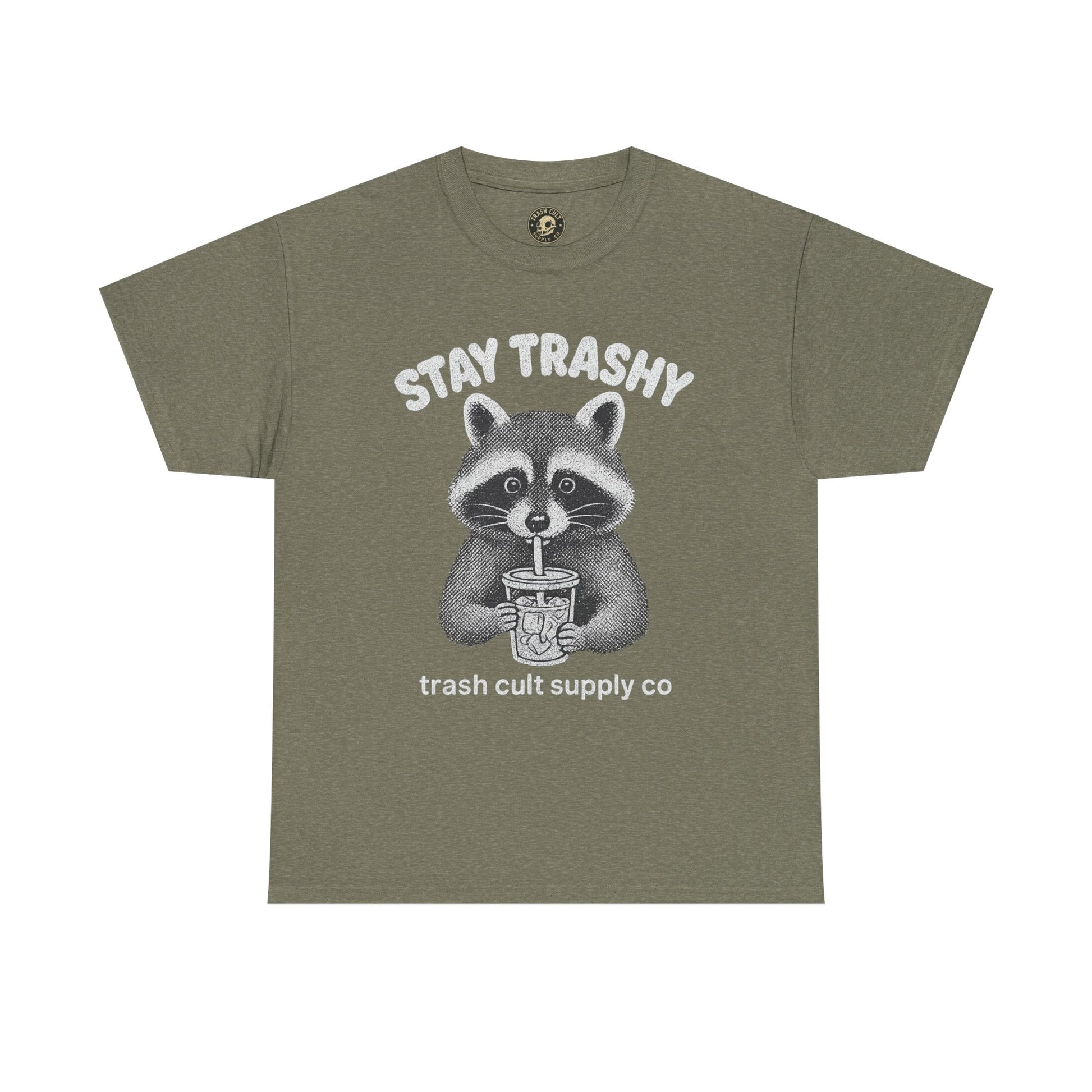 Stay Trashy Raccoon Iced Coffee Shirt – Halftone All White Design | Trash Cult Supply Co.
