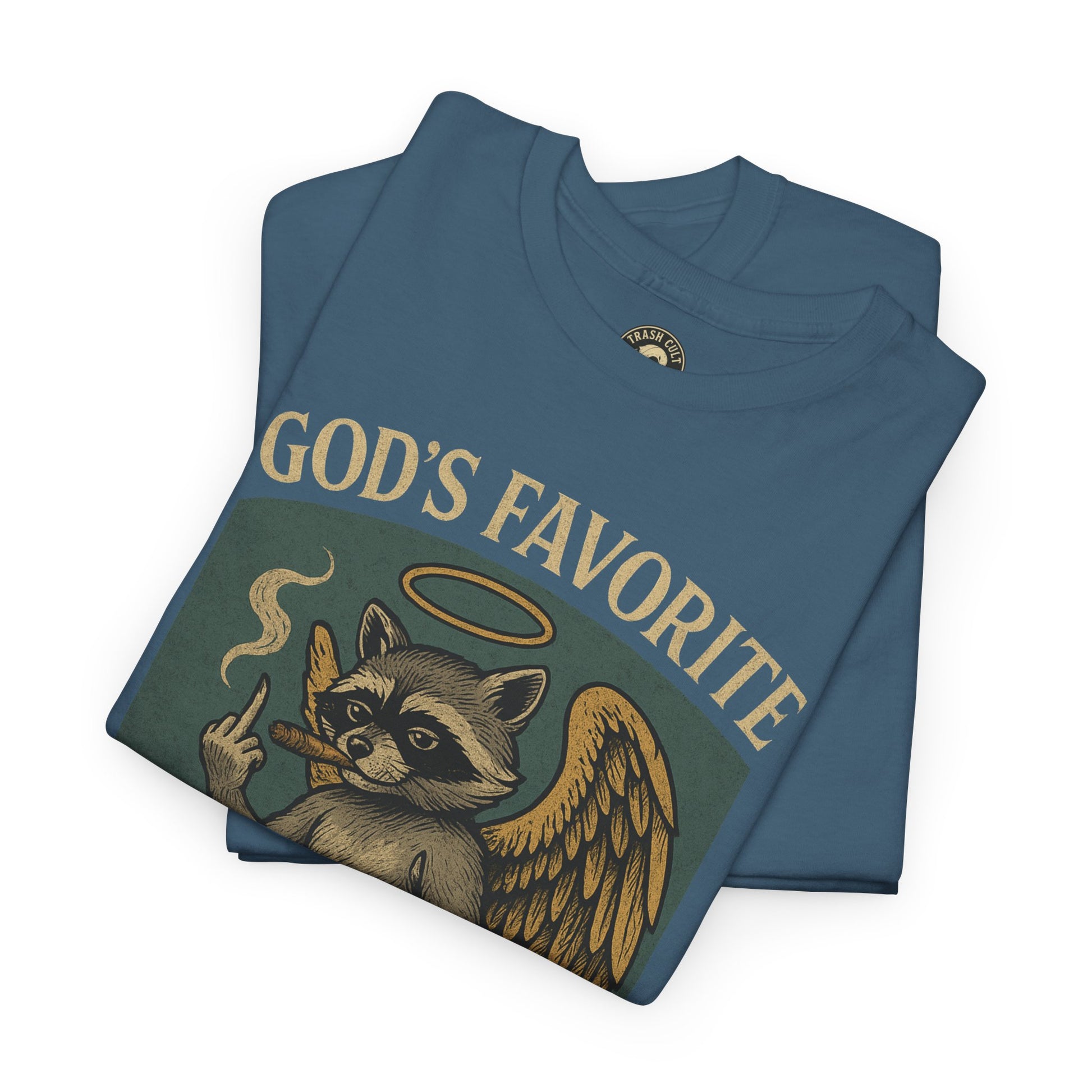 God’s Favorite Mistake Shirt – Raccoon Angel Flipping the Bird by Trash Cult Supply Co.