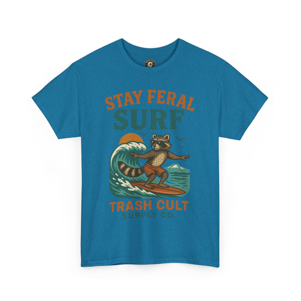 Stay Feral Surf Shirt – Retro Raccoon Beach Tee – Trash Cult Supply Co – Gildan 5000