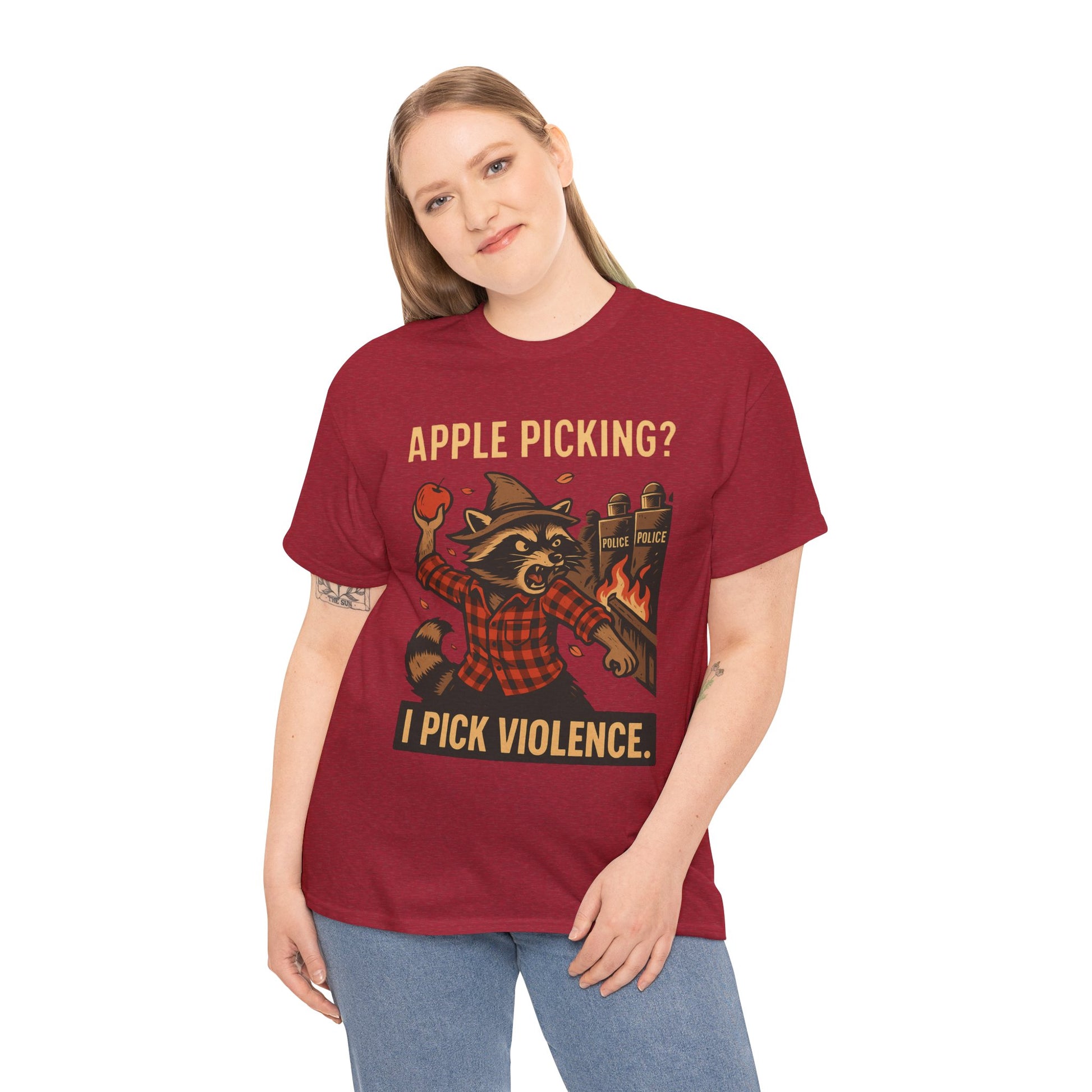 Apple Picking? I Pick Violence Shirt – Angry Raccoon Riot Tee – Fall of Humanity Collection – Trash Cult Supply Co.