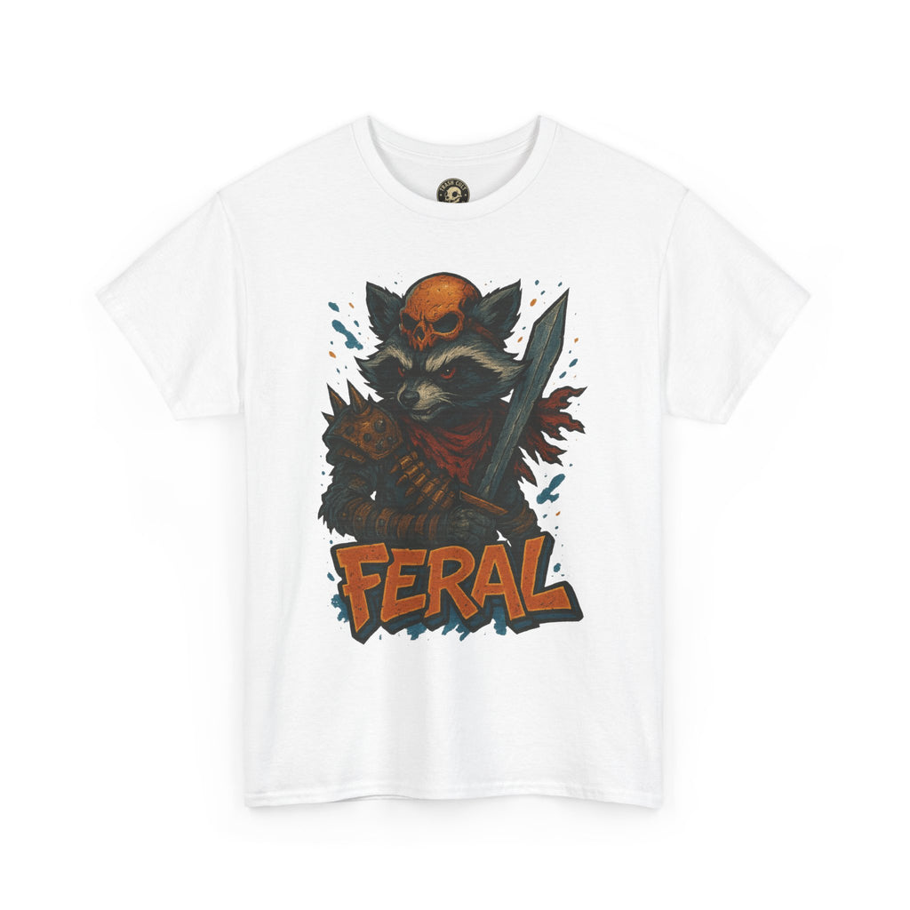 FERAL Raccoon Warlord Shirt – Graffiti Street Art Animal Tee | Bold Post-Apocalyptic Design on Gildan 5000