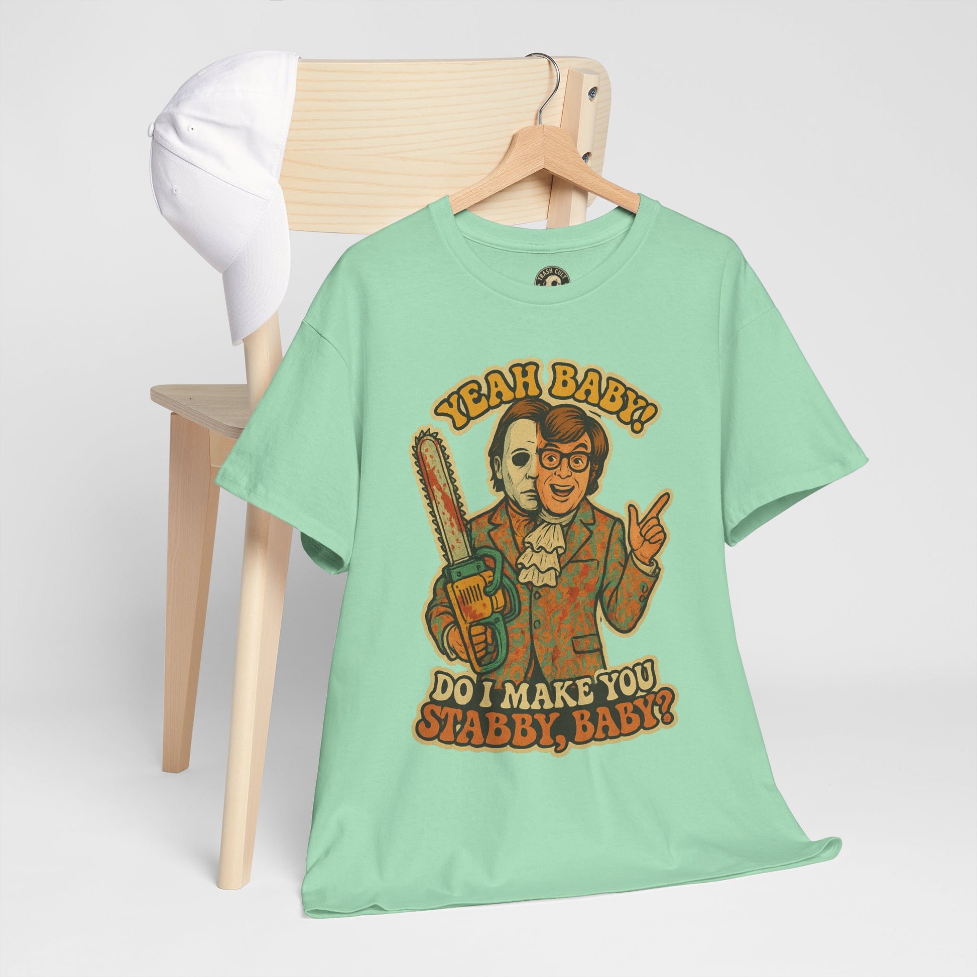 Mike Myers Parody Shirt – “Do I Make You Stabby, Baby?” Funny Horror Mashup Tee – Gildan 5000 Unisex