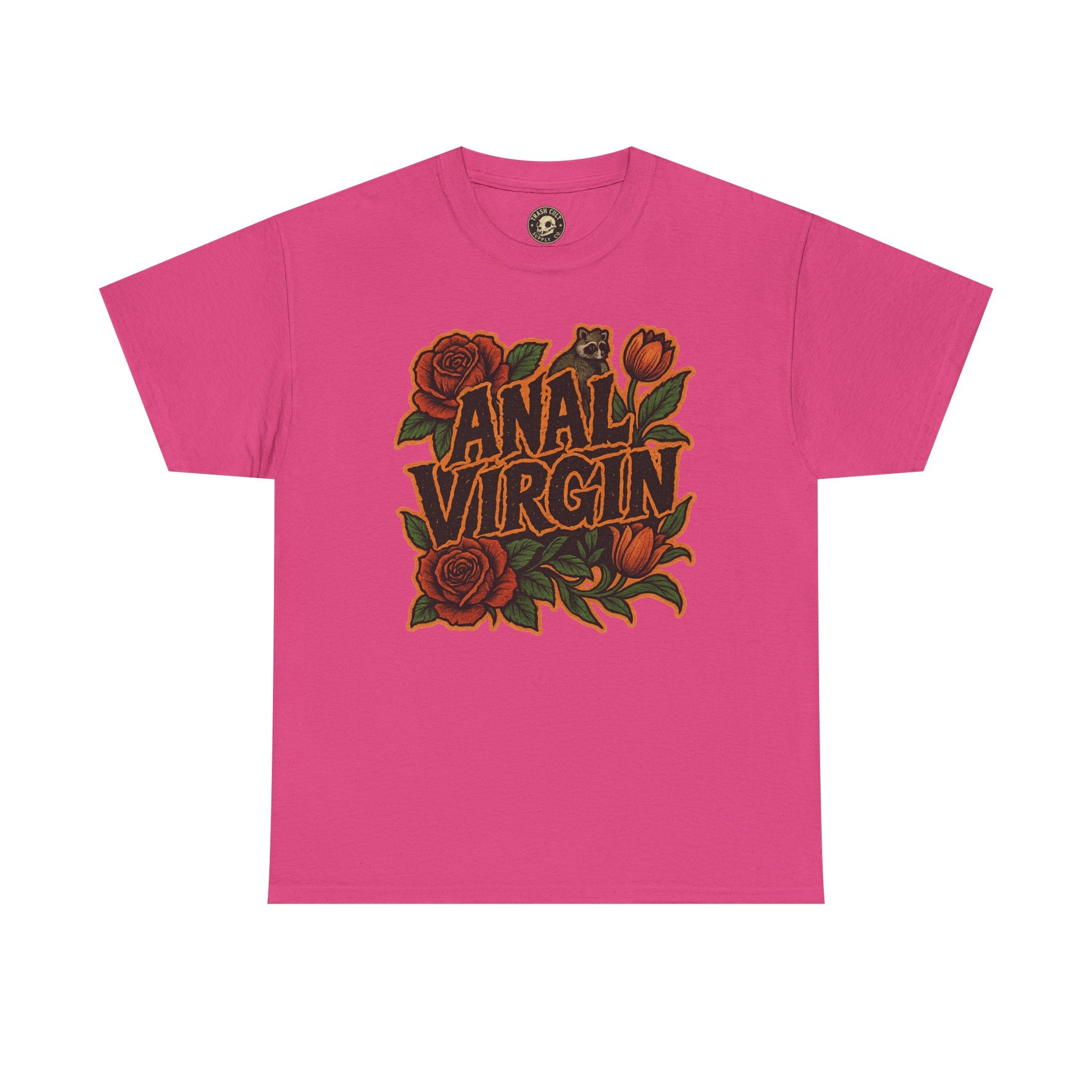 Anal Virgin Bold Floral Trashcore Tee – Funny Raccoon Shirt – Gildan 5000