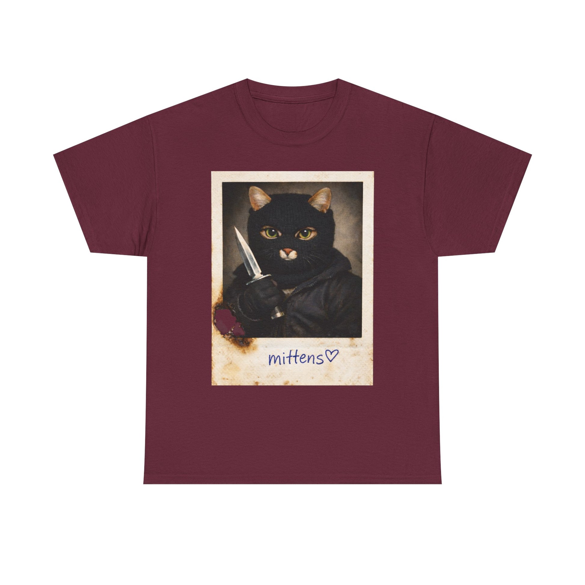 Cat With Knife Tee — "Mittens" Dark Humor Vintage Polaroid Graphic T-Shirt