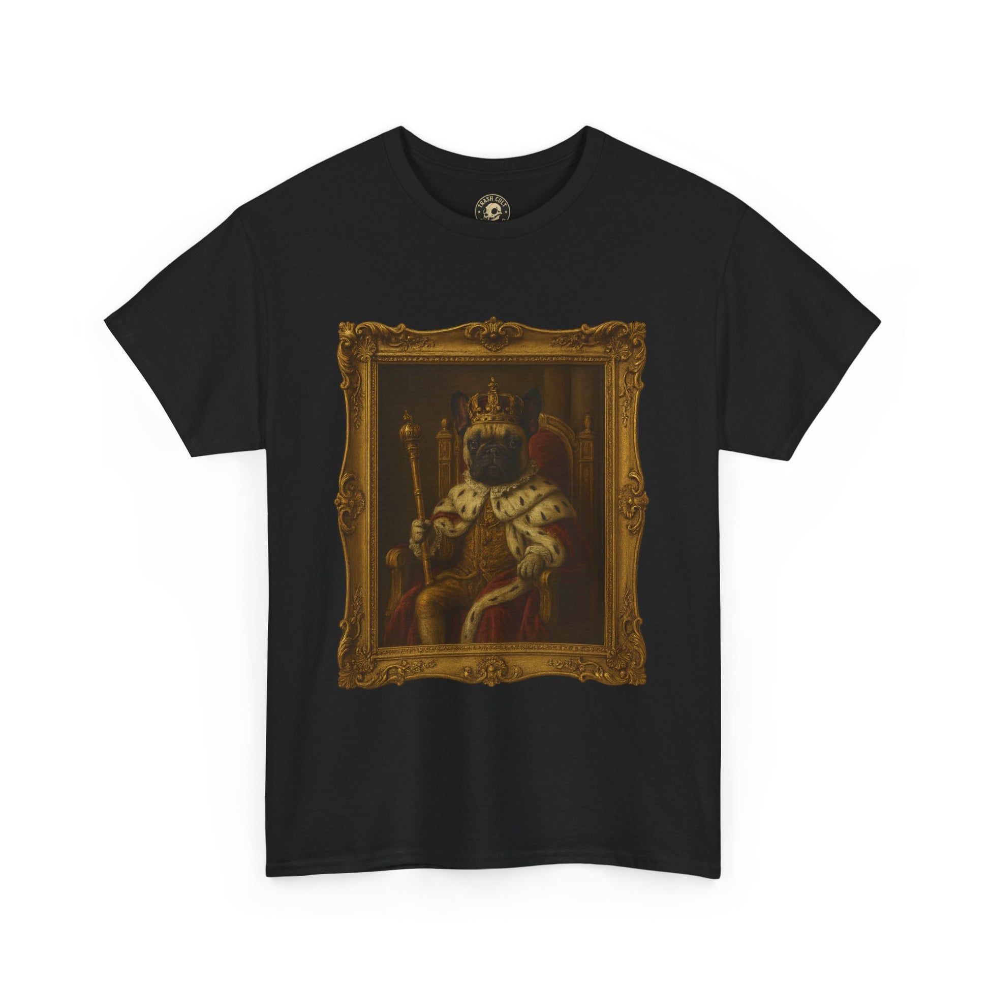 French Bulldog King Baroque Portrait Shirt – Funny Royal Dog Tee – Gildan 5000 Unisex Heavy Cotton
