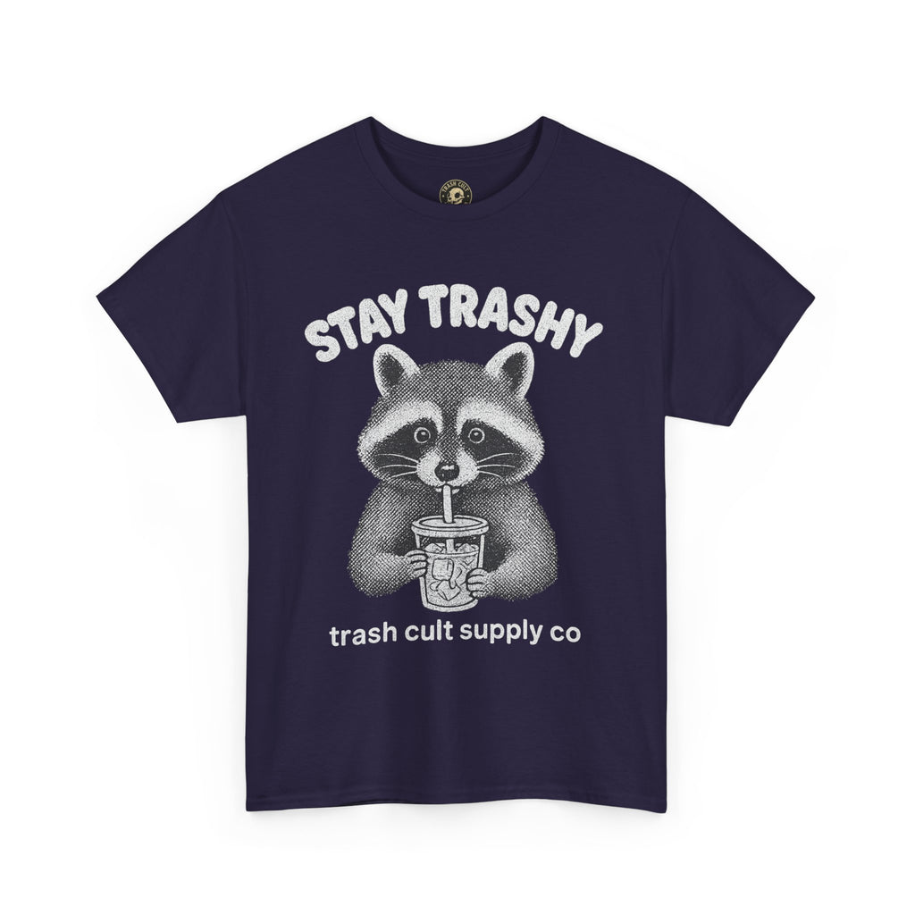 Stay Trashy Raccoon Iced Coffee Shirt – Halftone All White Design | Trash Cult Supply Co.