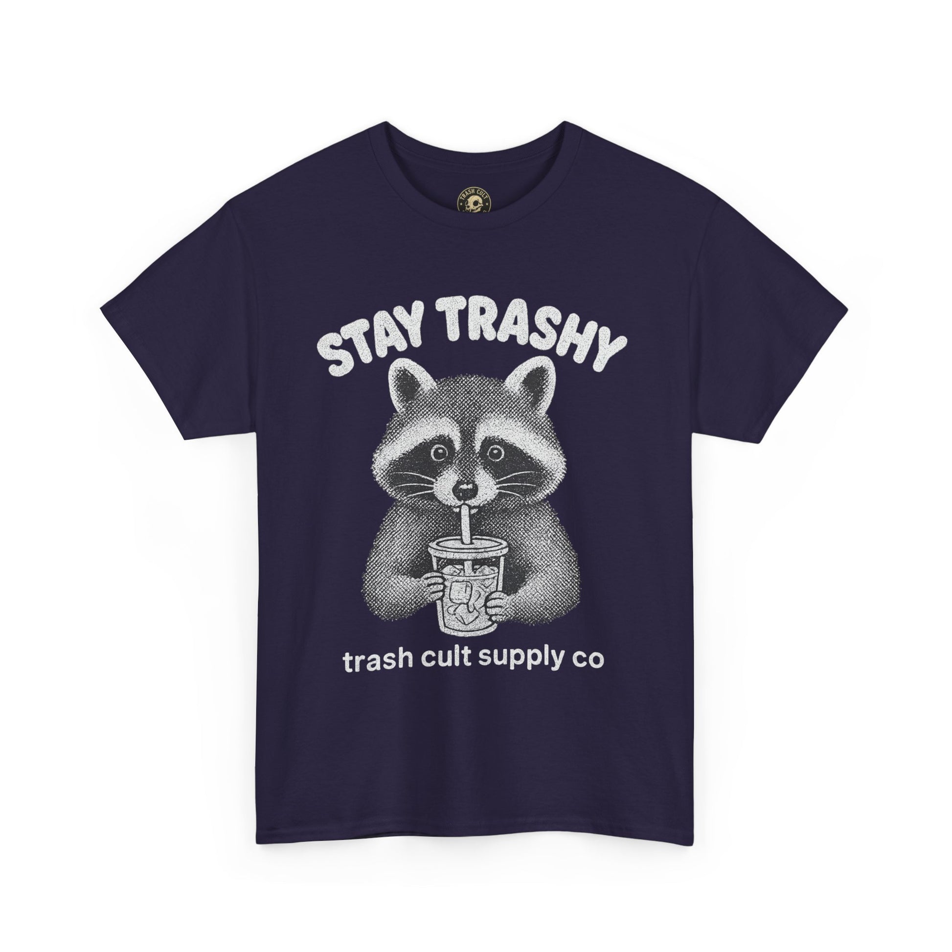 Stay Trashy Raccoon Iced Coffee Shirt – Halftone All White Design | Trash Cult Supply Co.
