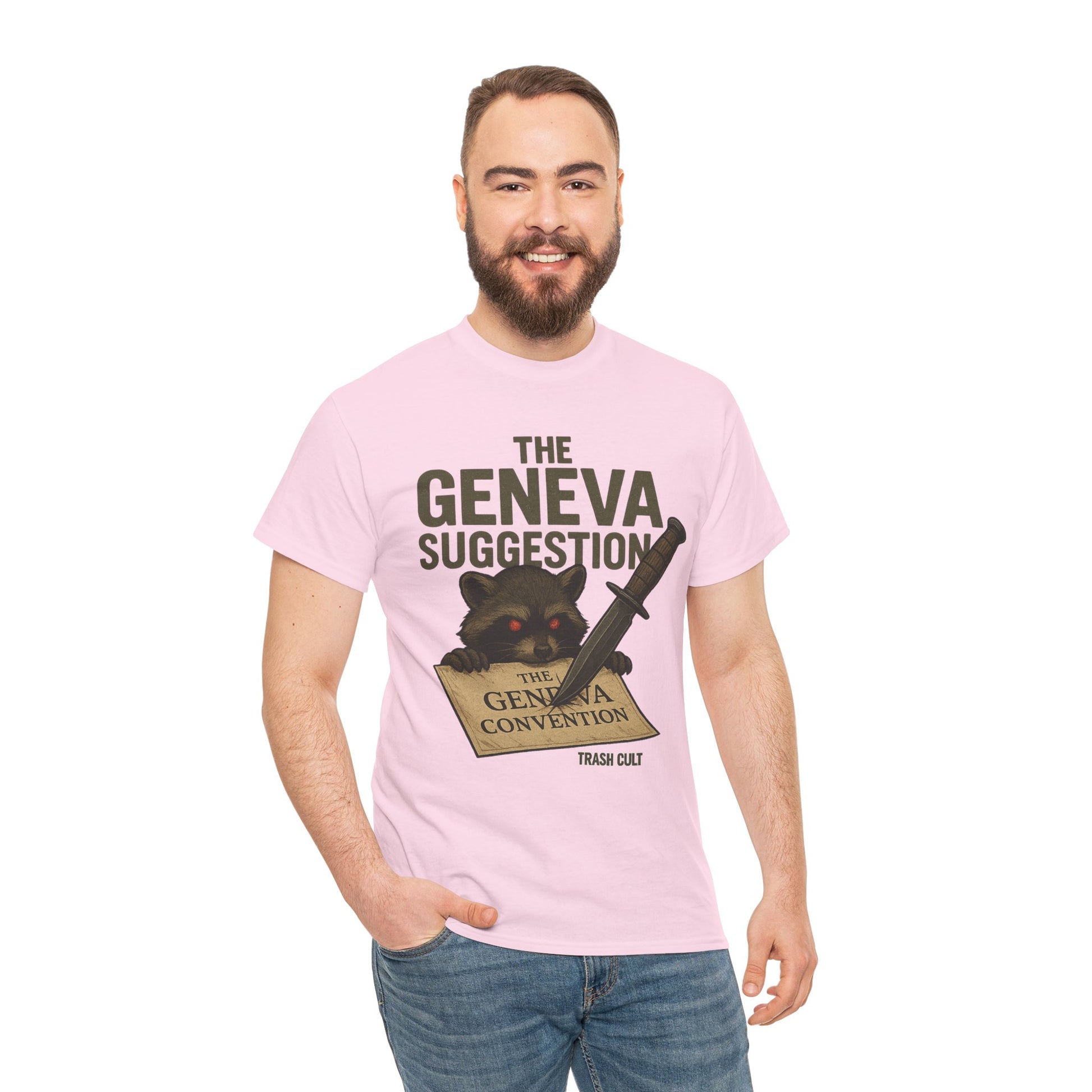 The Geneva Suggestion T-Shirt – Tactical Raccoon Dark Humor Tee | Trash Cult Supply Co. | Gildan 5000