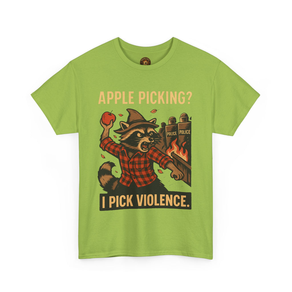 Apple Picking? I Pick Violence Shirt – Angry Raccoon Riot Tee – Fall of Humanity Collection – Trash Cult Supply Co.